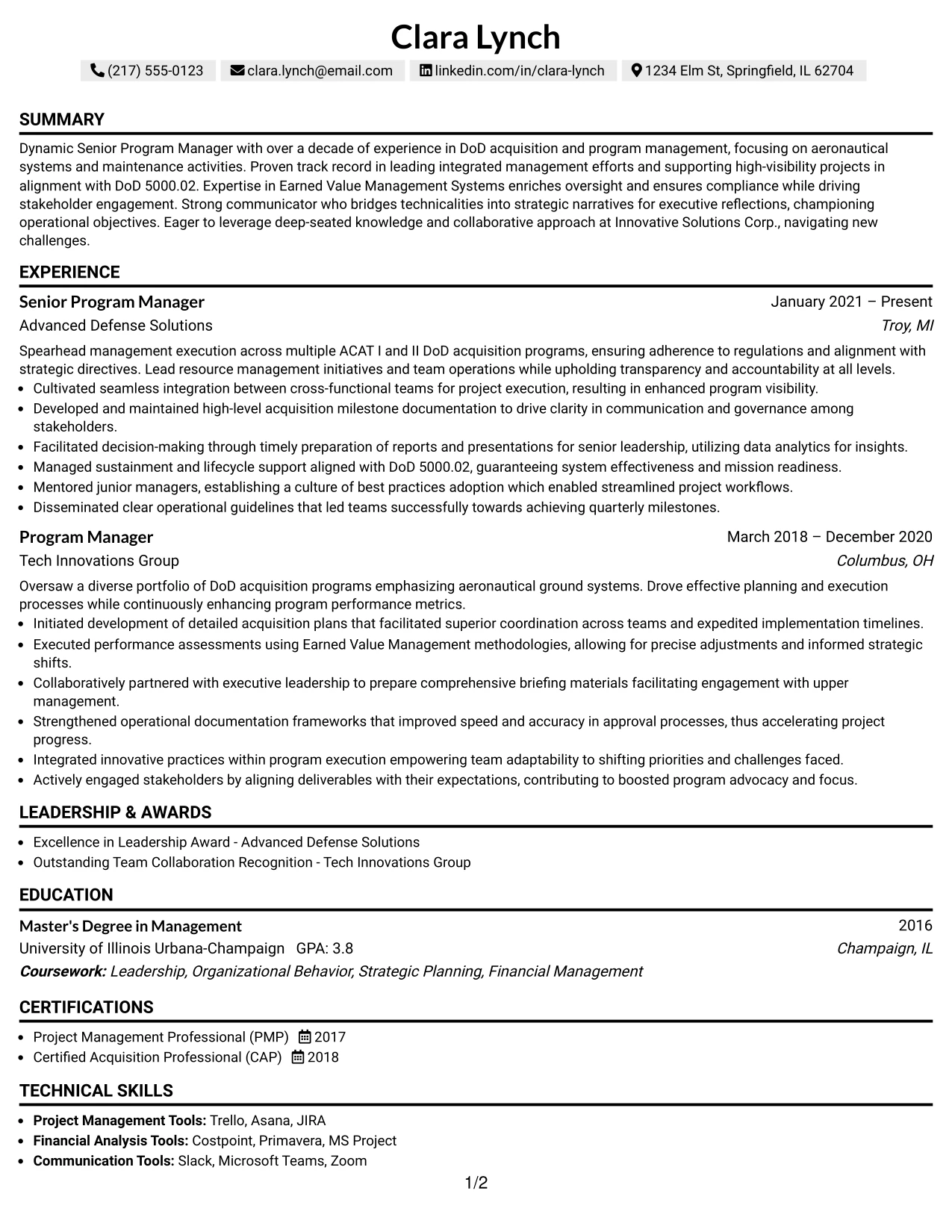 Resume Example Page 1