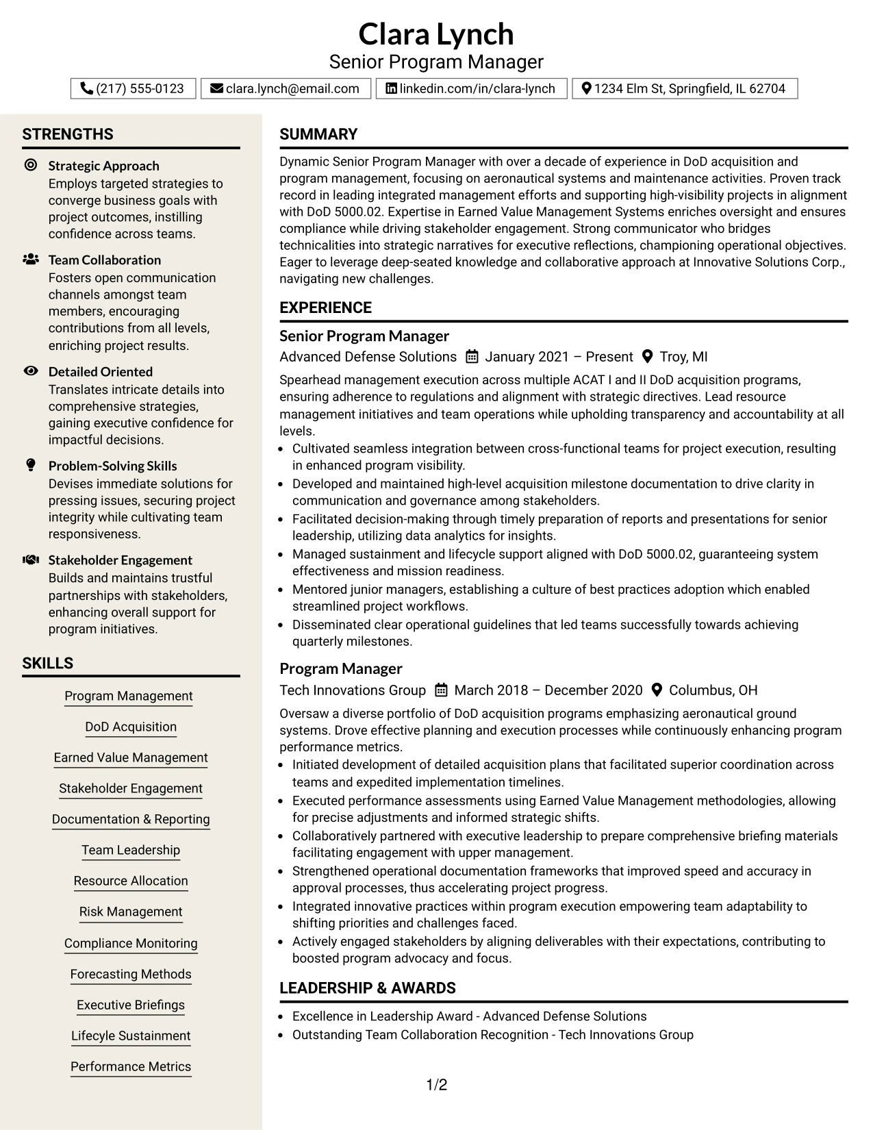 Resume Example Page 1