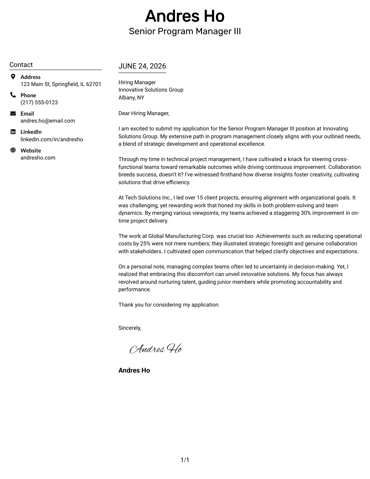 Resume Example Page 1