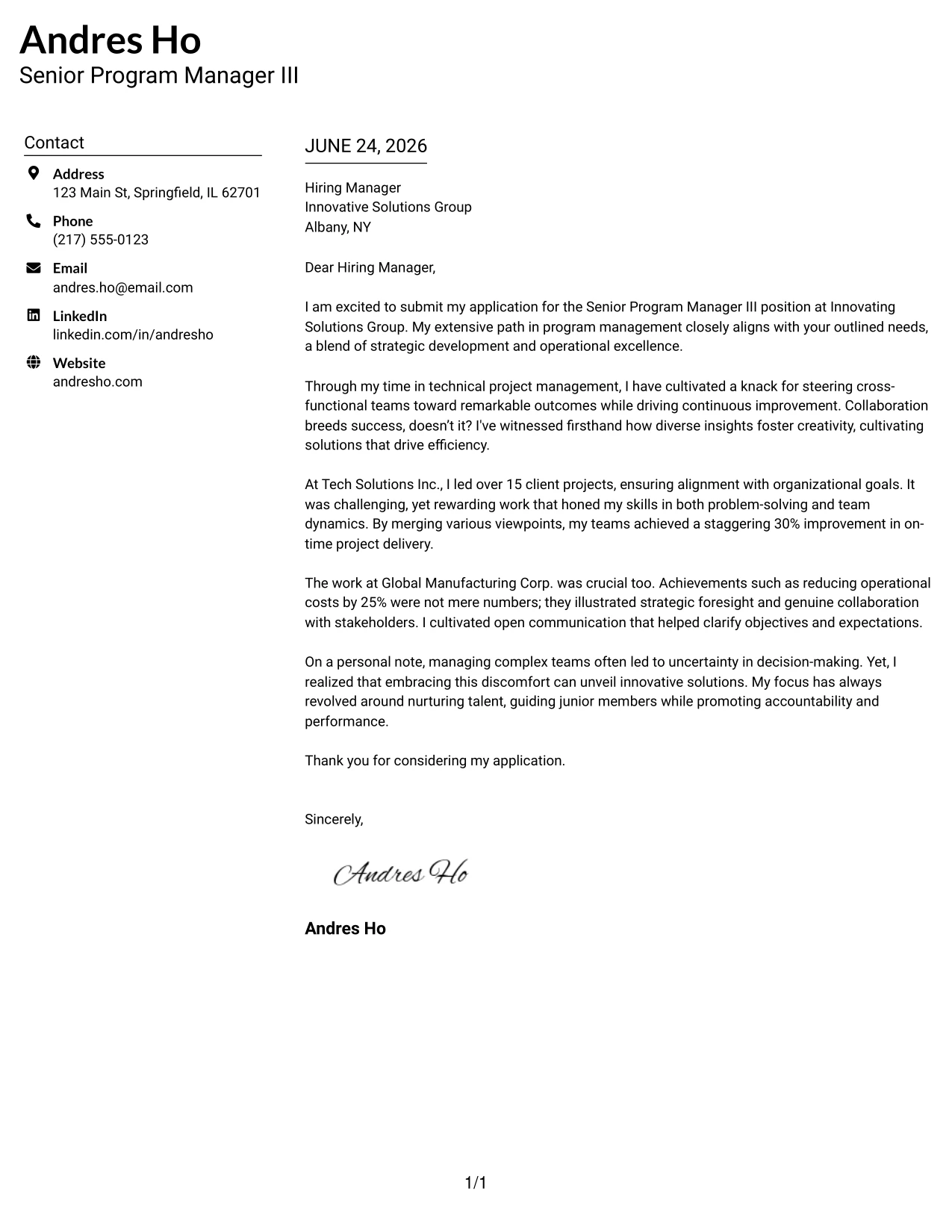 Resume Example Page 1