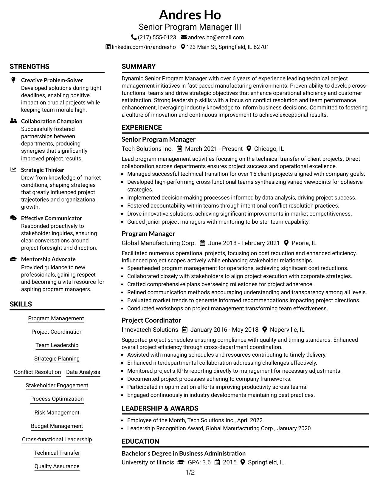 Resume Example Page 1
