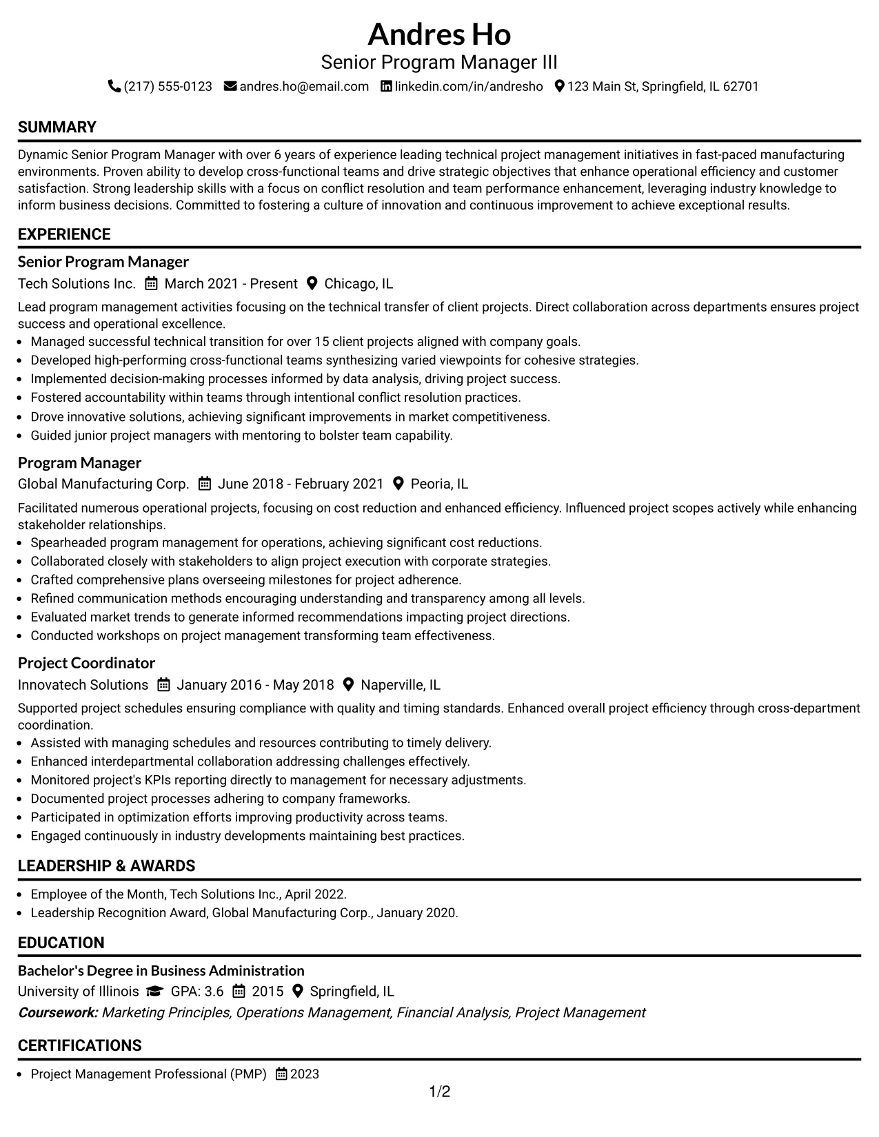 Resume Example Page 1