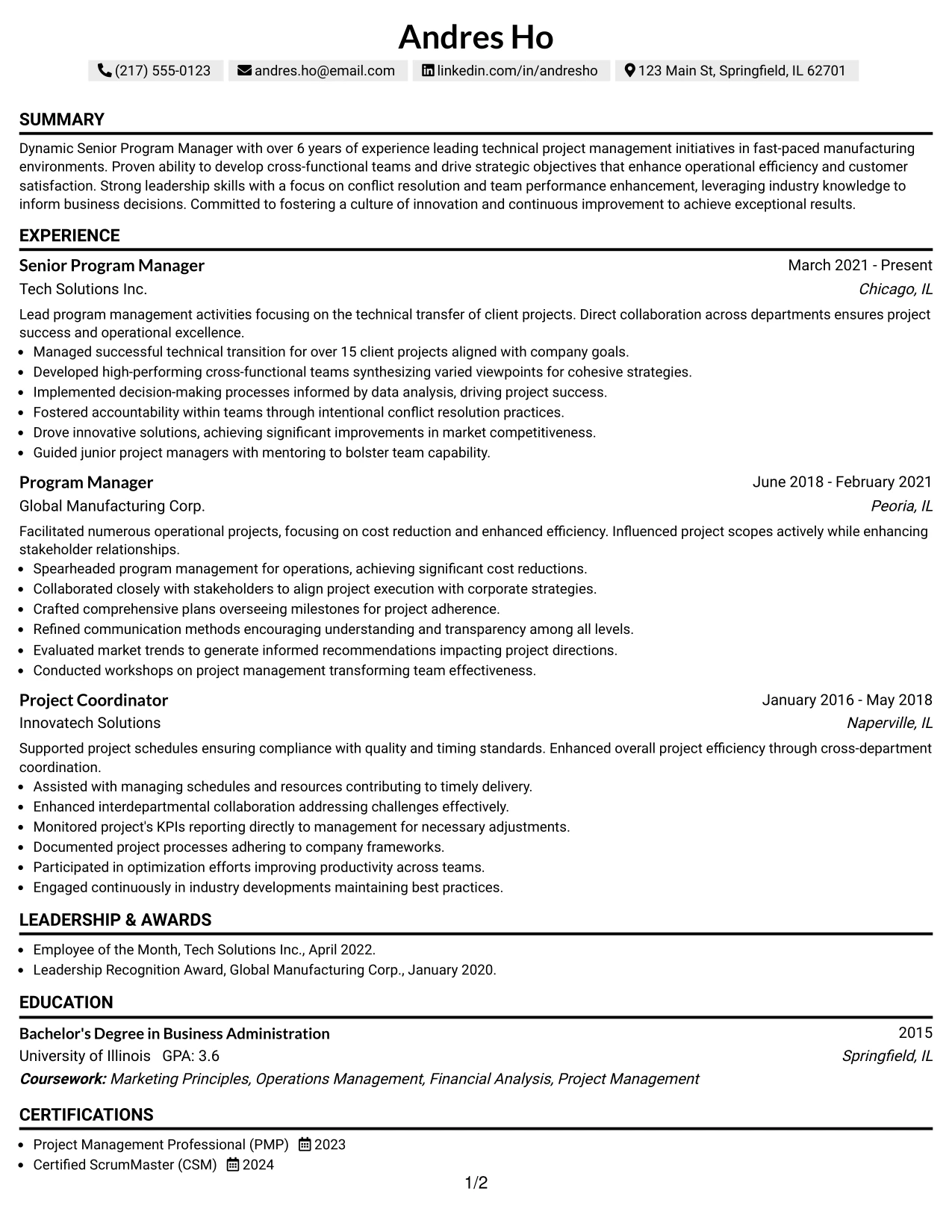 Resume Example Page 1