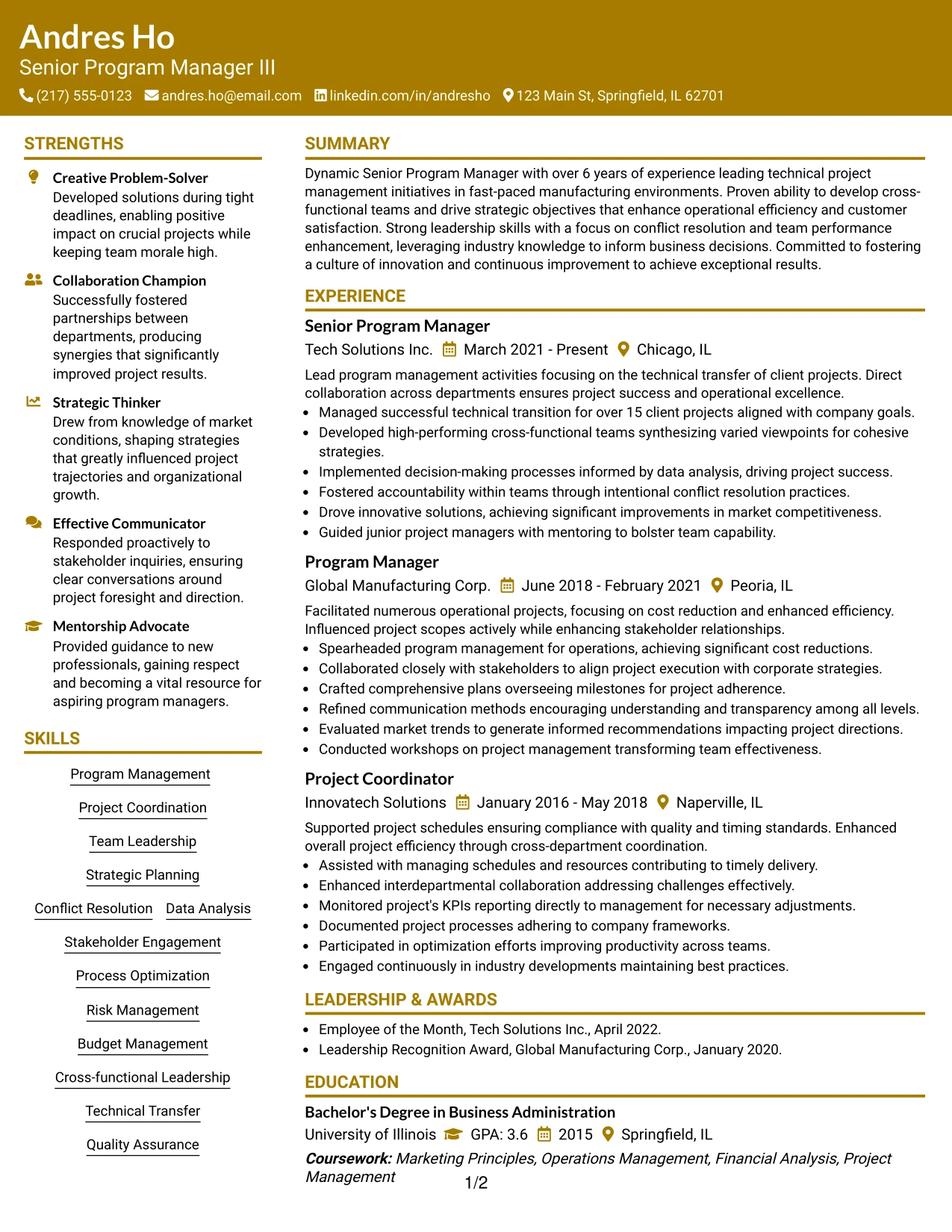 Resume Example Page 1
