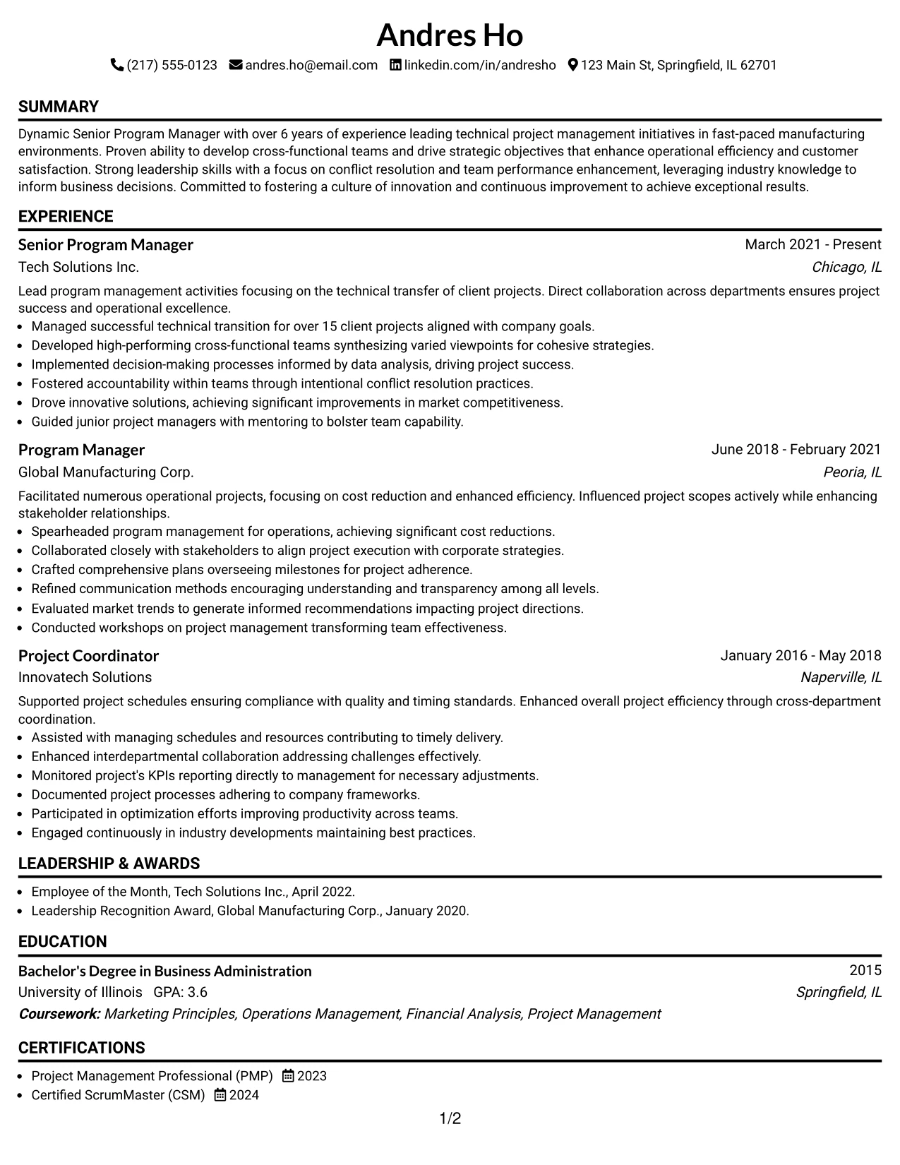 Resume Example Page 1