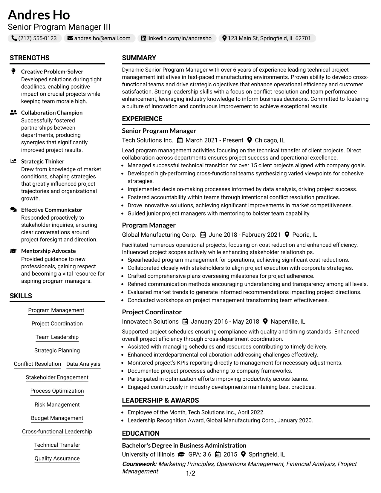 Resume Example Page 1