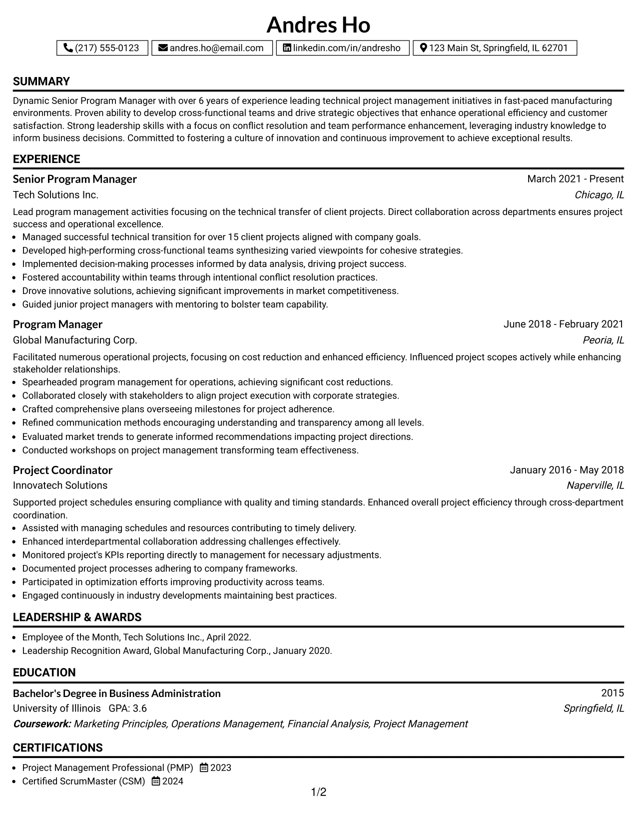 Resume Example Page 1