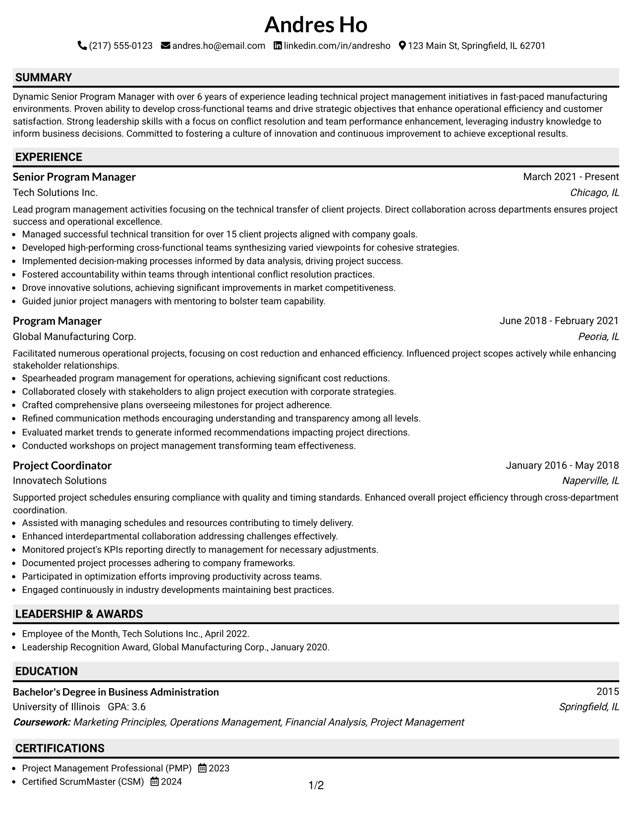 Resume Example Page 1