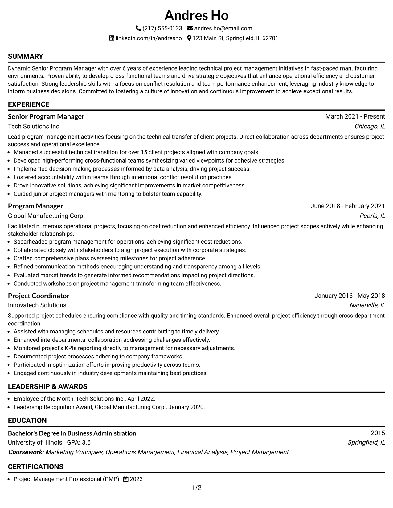 Resume Example Page 1