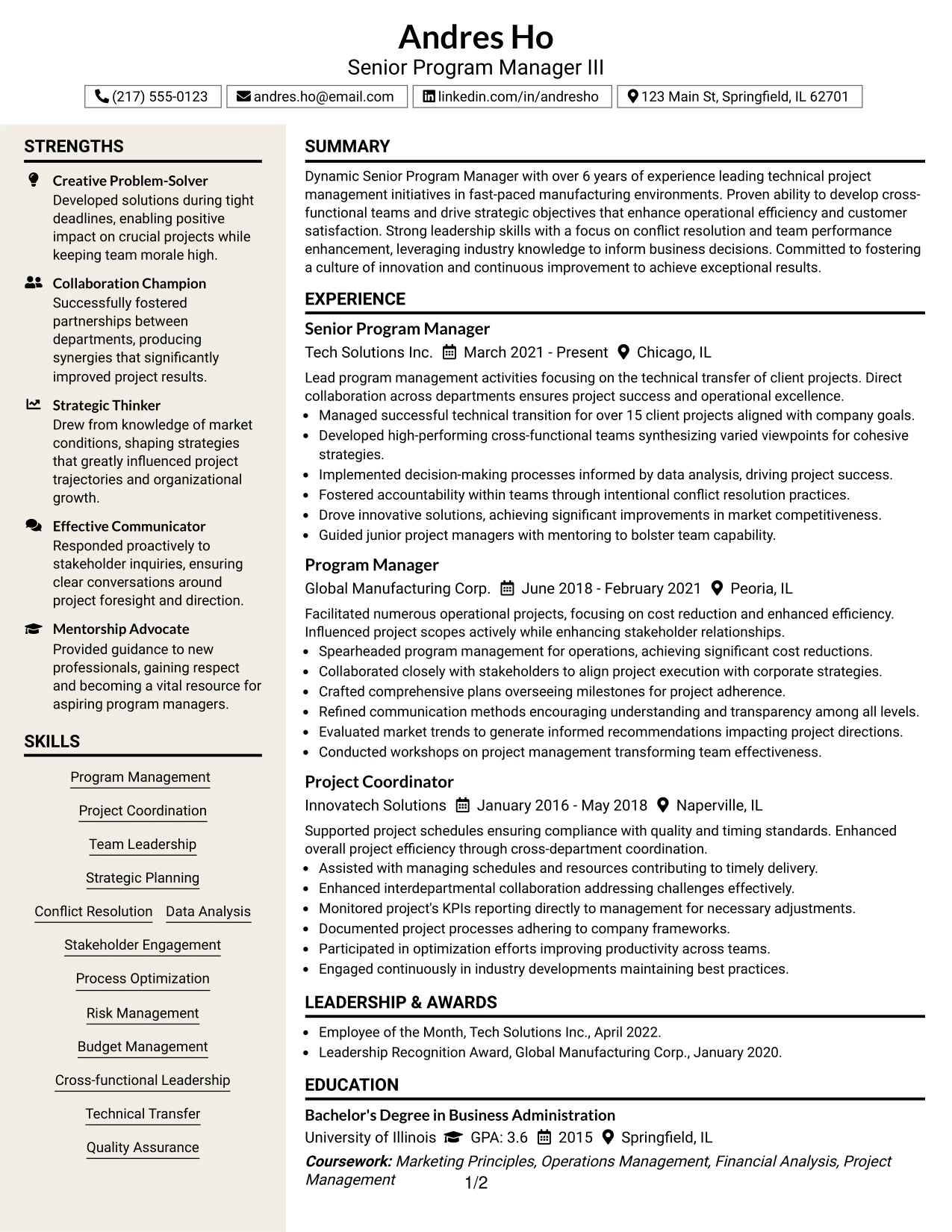 Resume Example Page 1