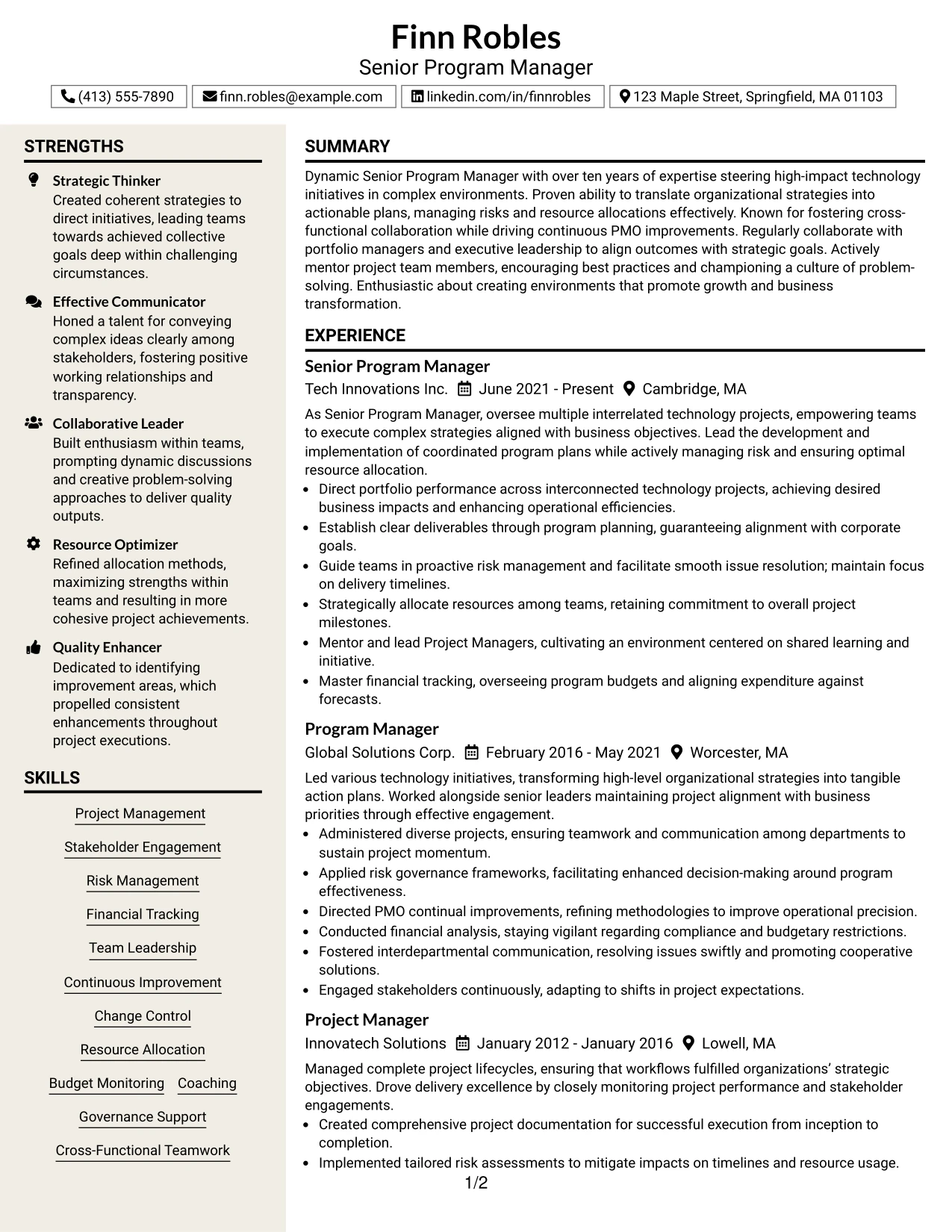 Resume Example Page 1
