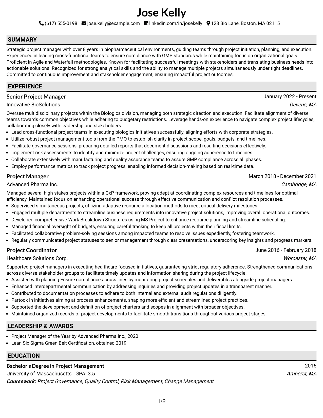 Resume Example Page 1