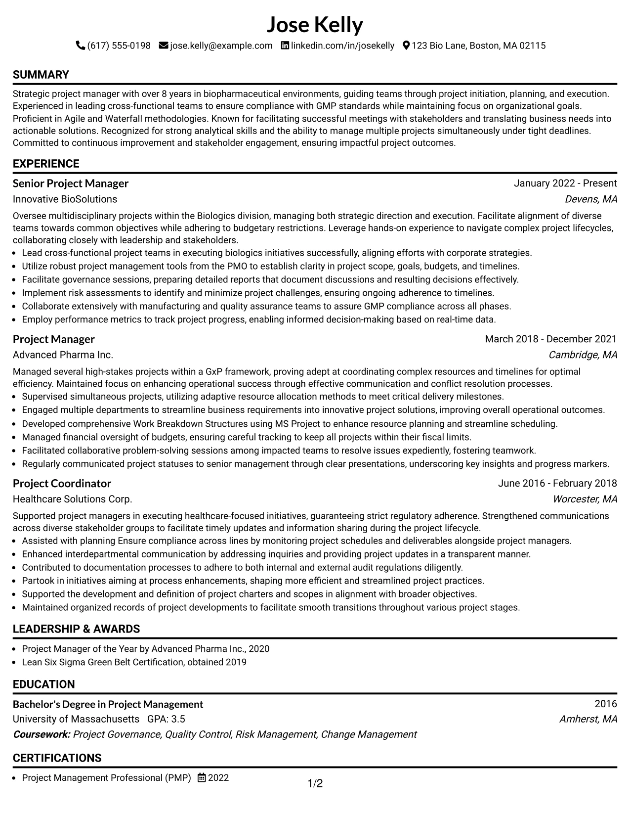 Resume Example Page 1