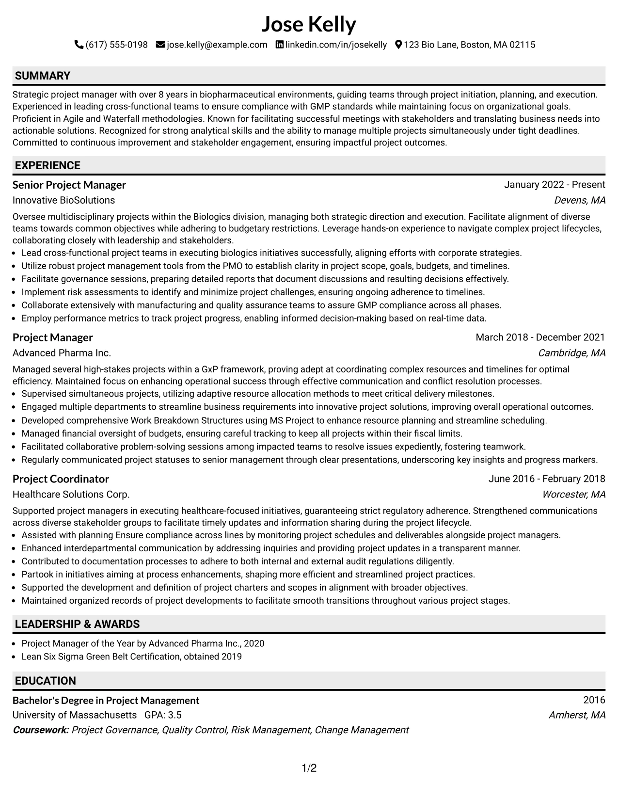 Resume Example Page 1