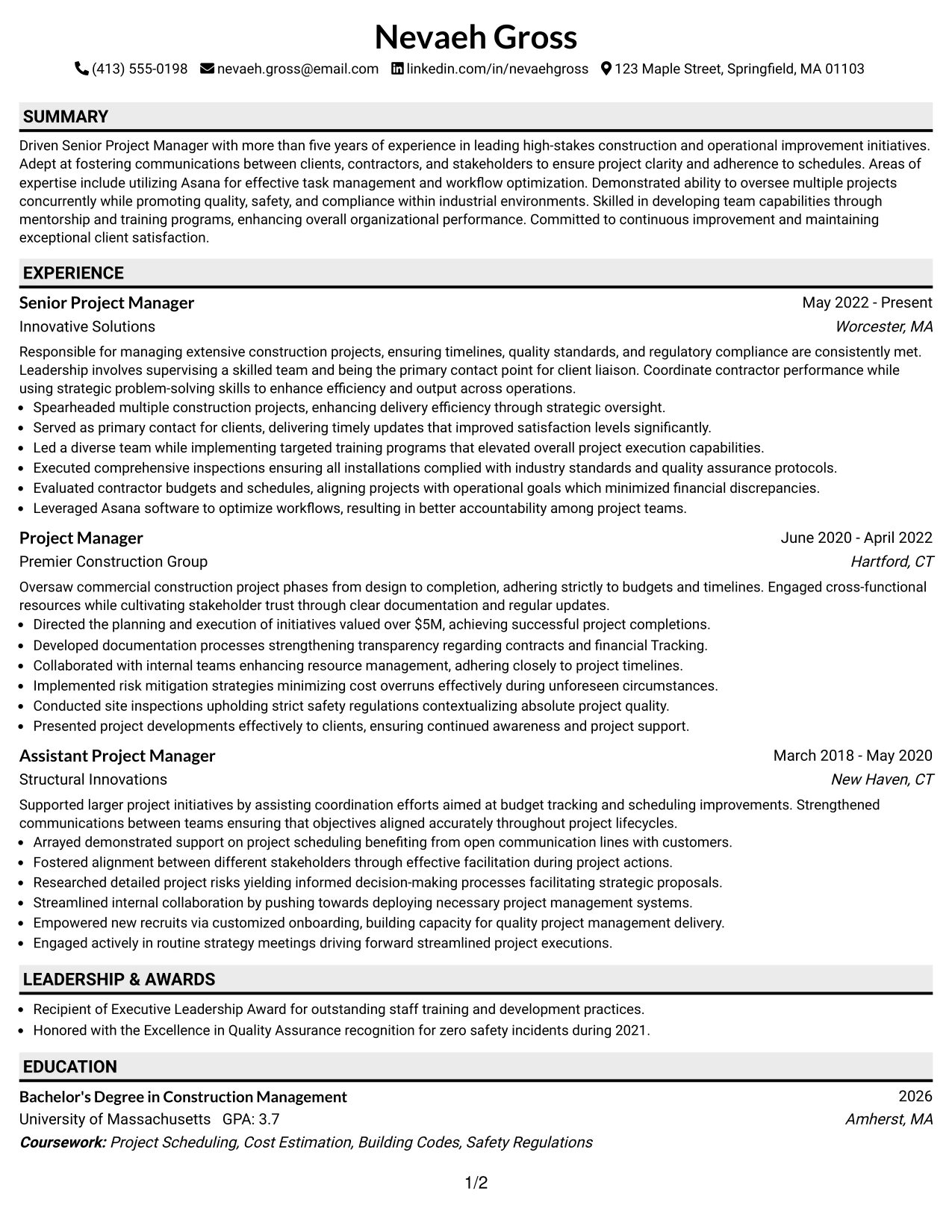 Resume Example Page 1