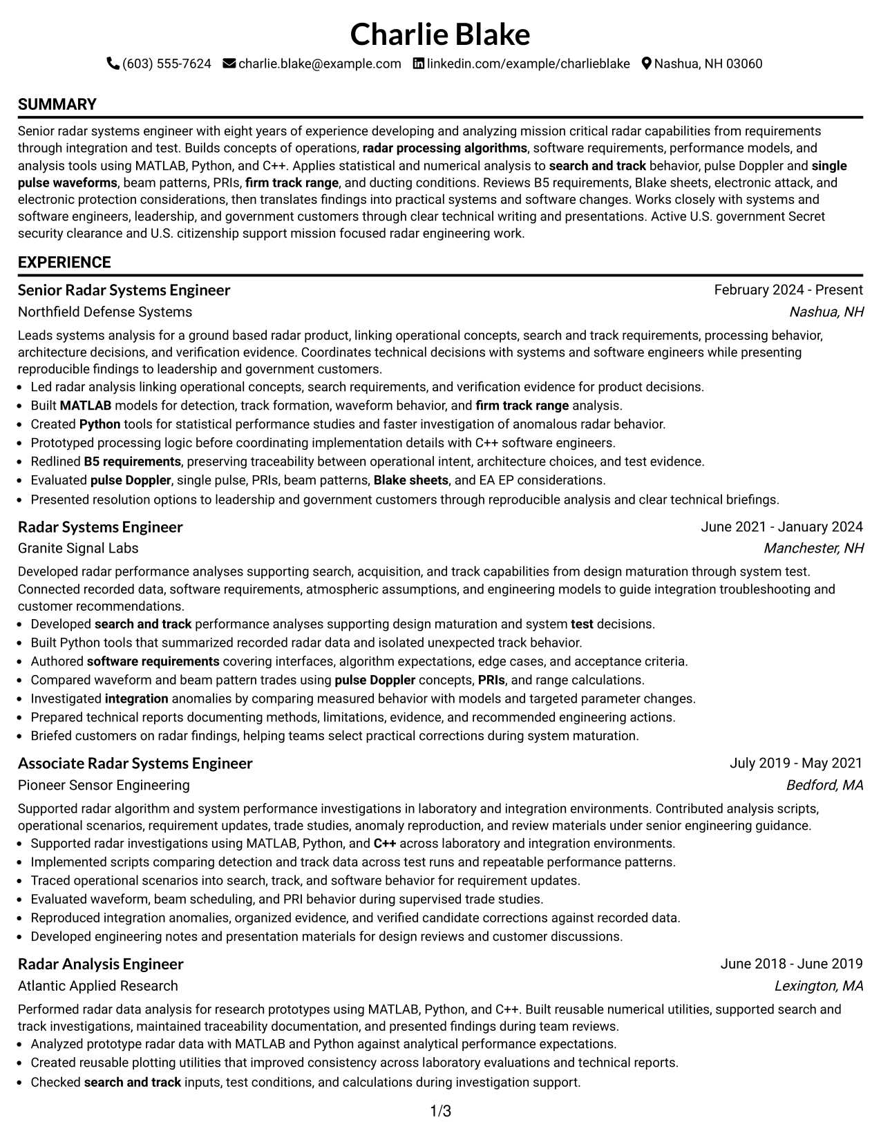 Resume Example Page 1