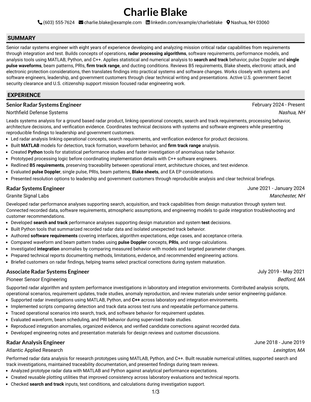 Resume Example Page 1