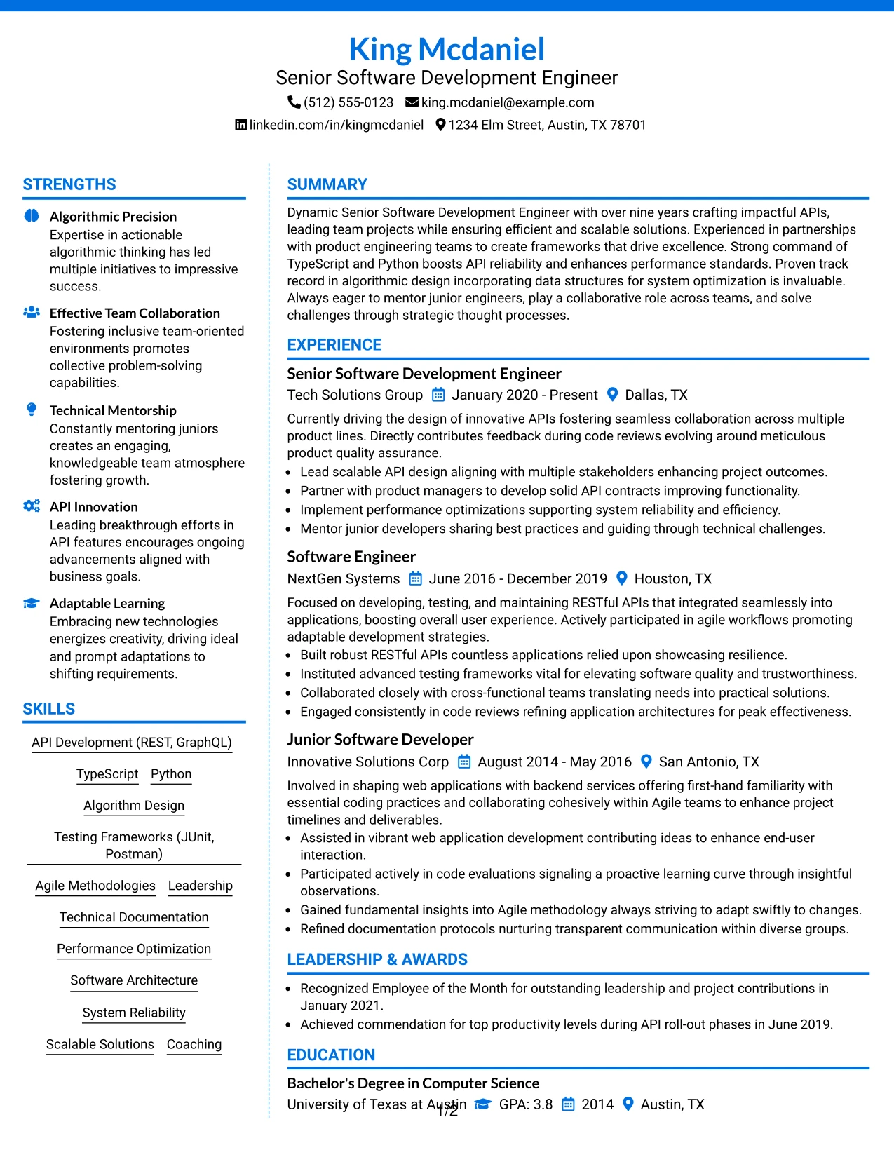 Resume Example Page 1