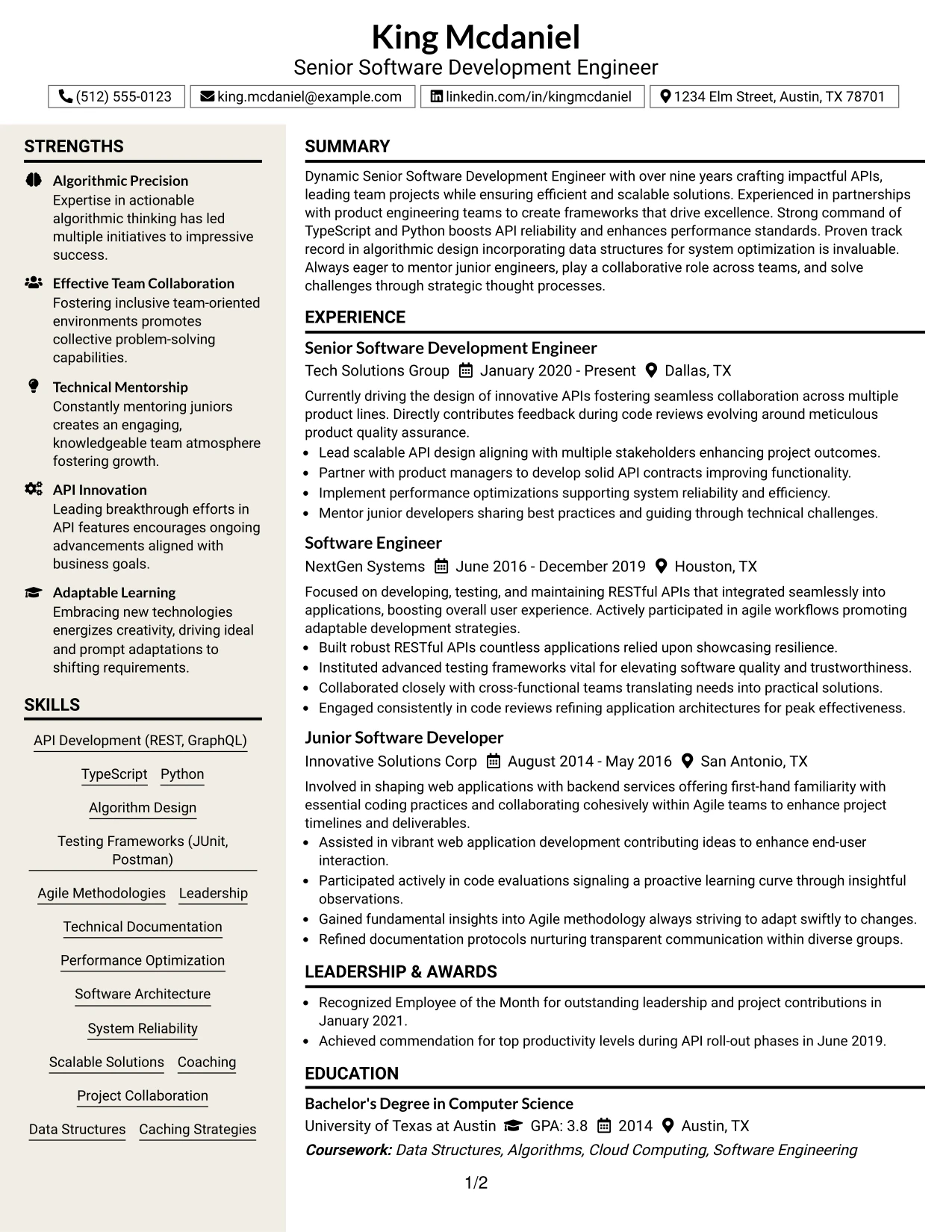 Resume Example Page 1