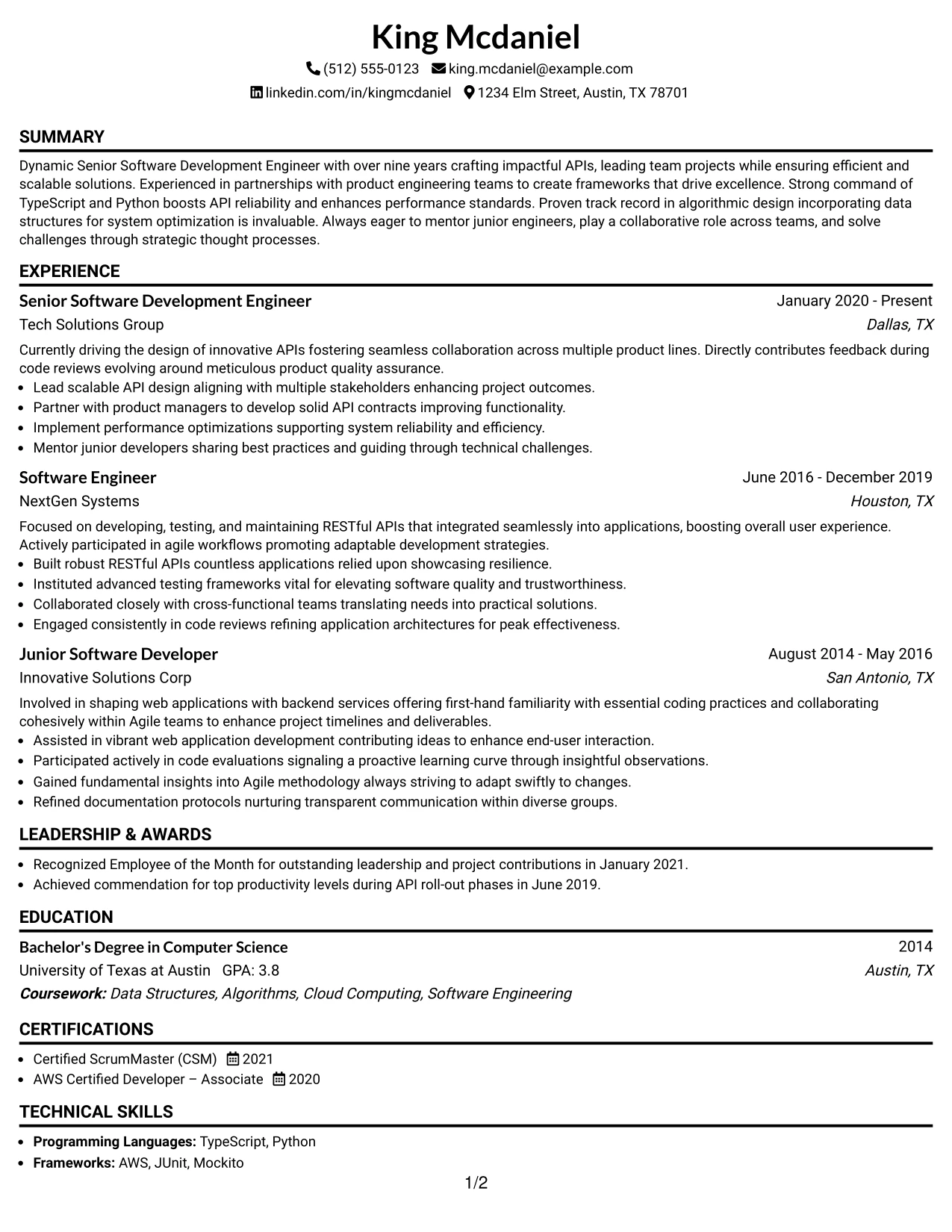 Resume Example Page 1