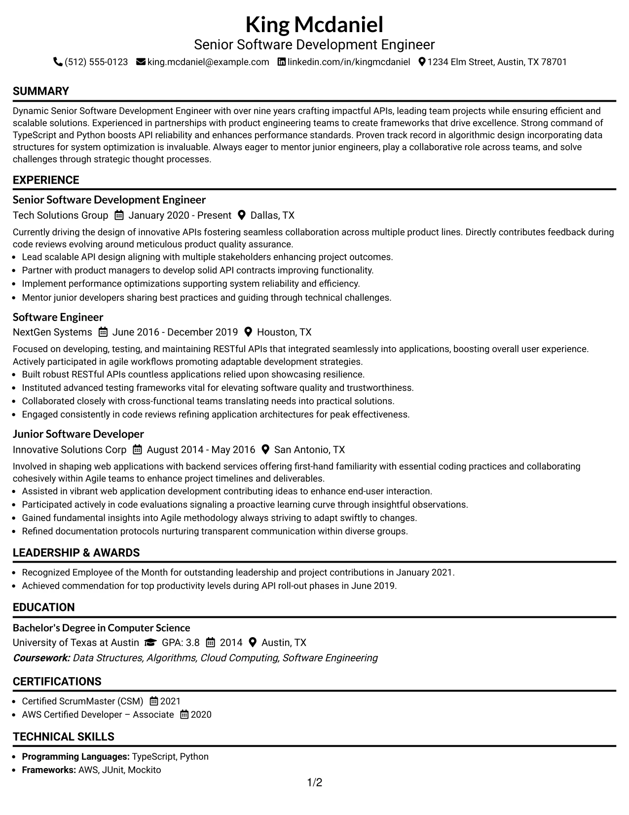 Resume Example Page 1