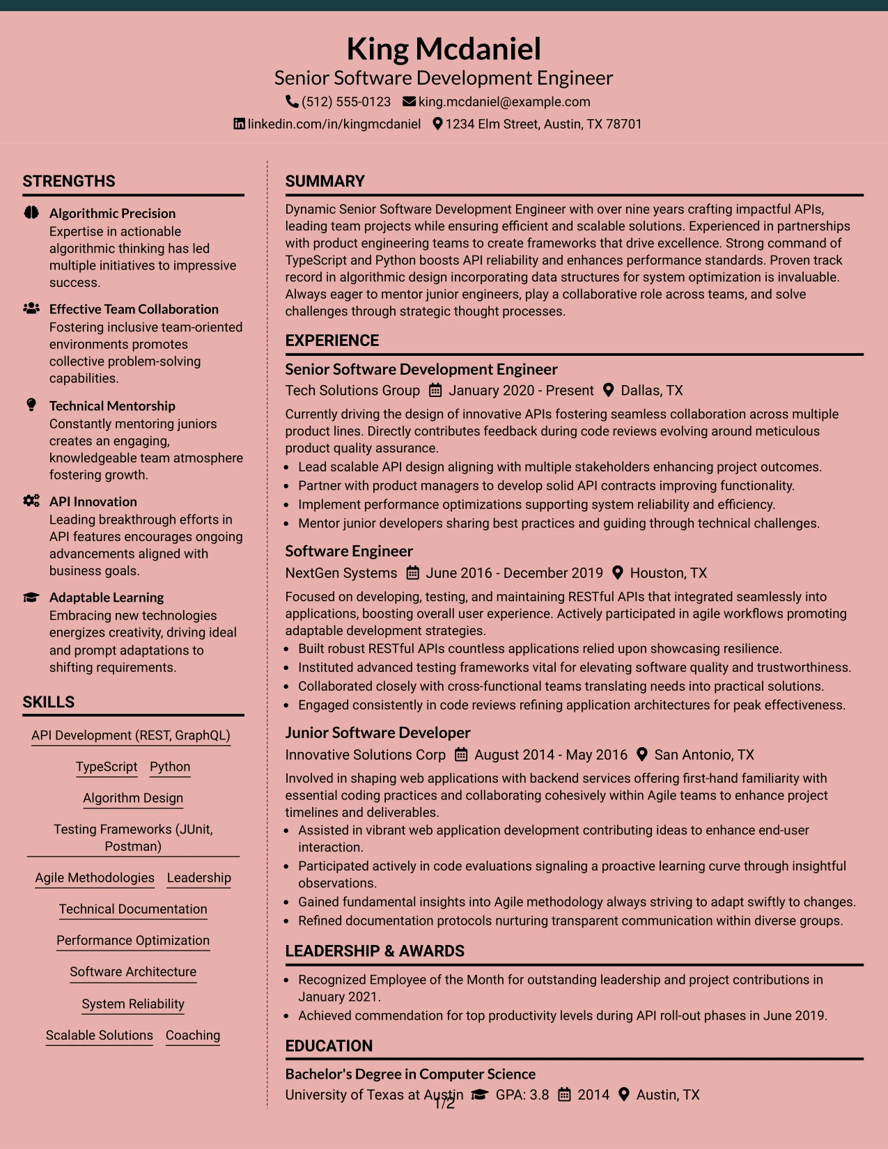 Resume Example Page 1