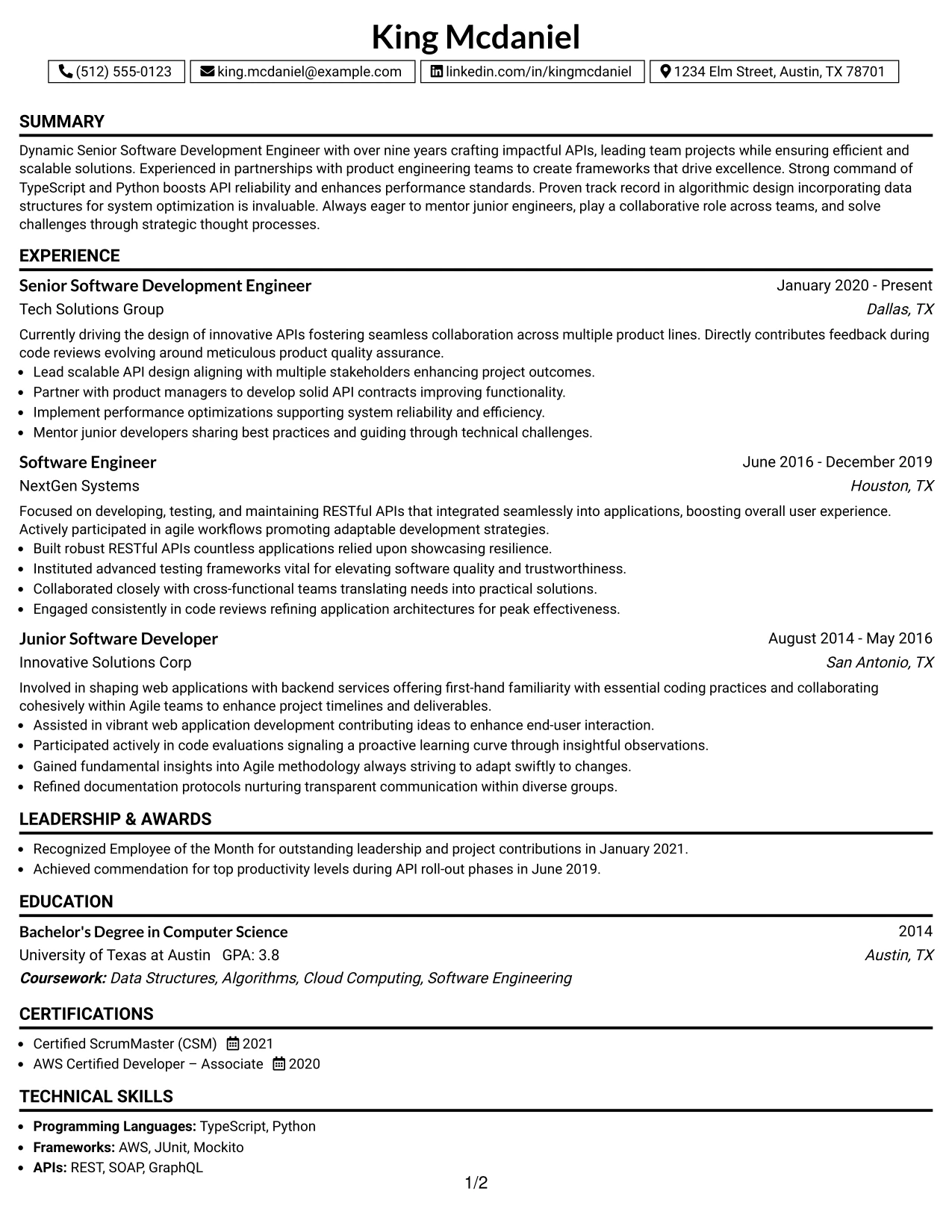 Resume Example Page 1