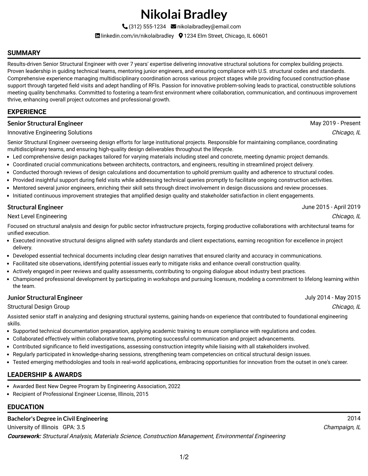 Resume Example Page 1