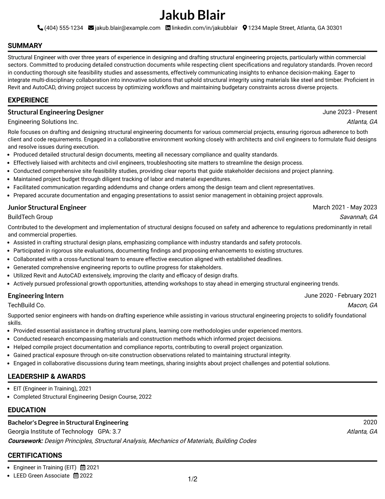 Resume Example Page 1