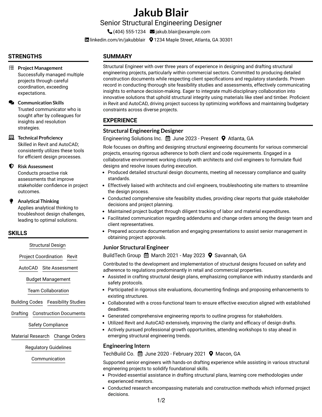 Resume Example Page 1
