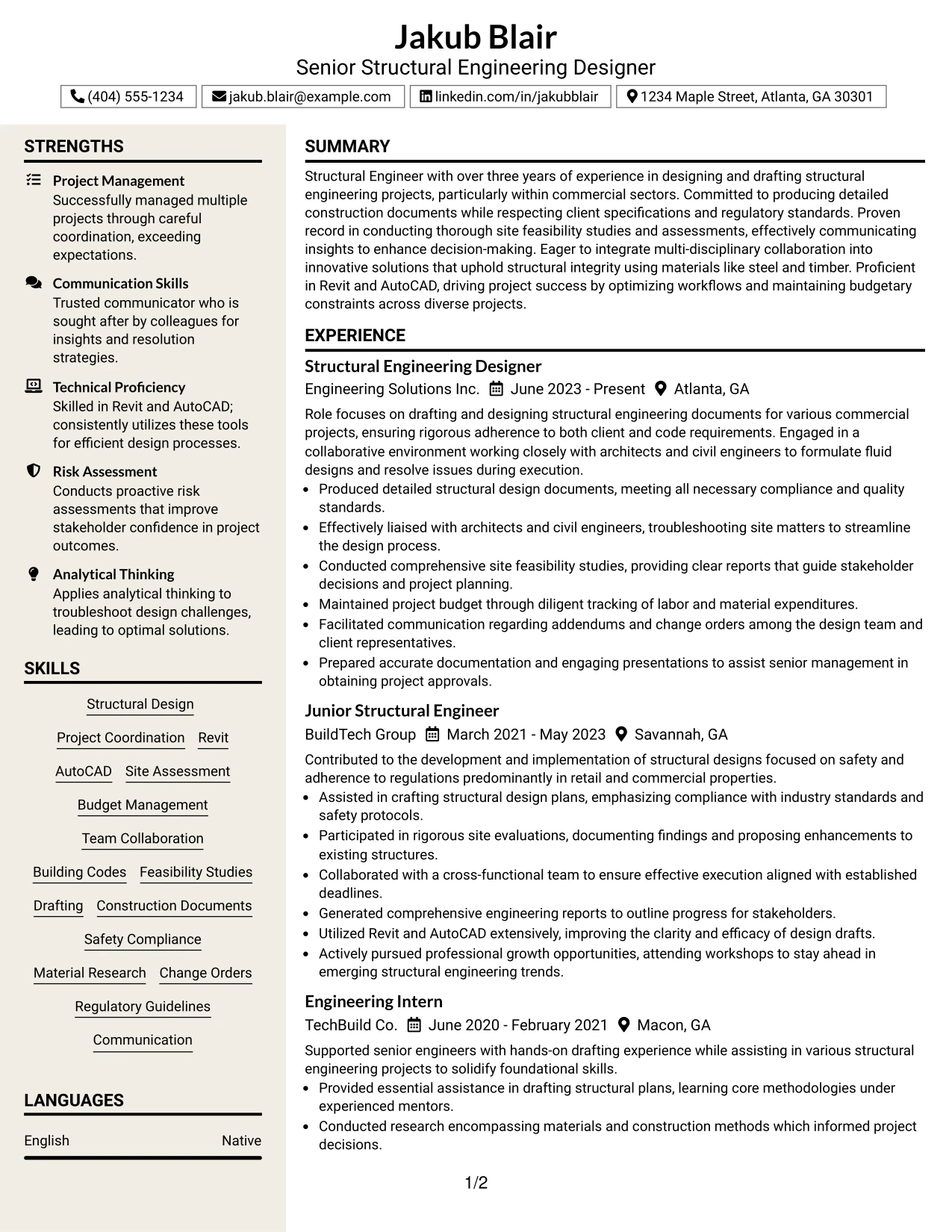 Resume Example Page 1