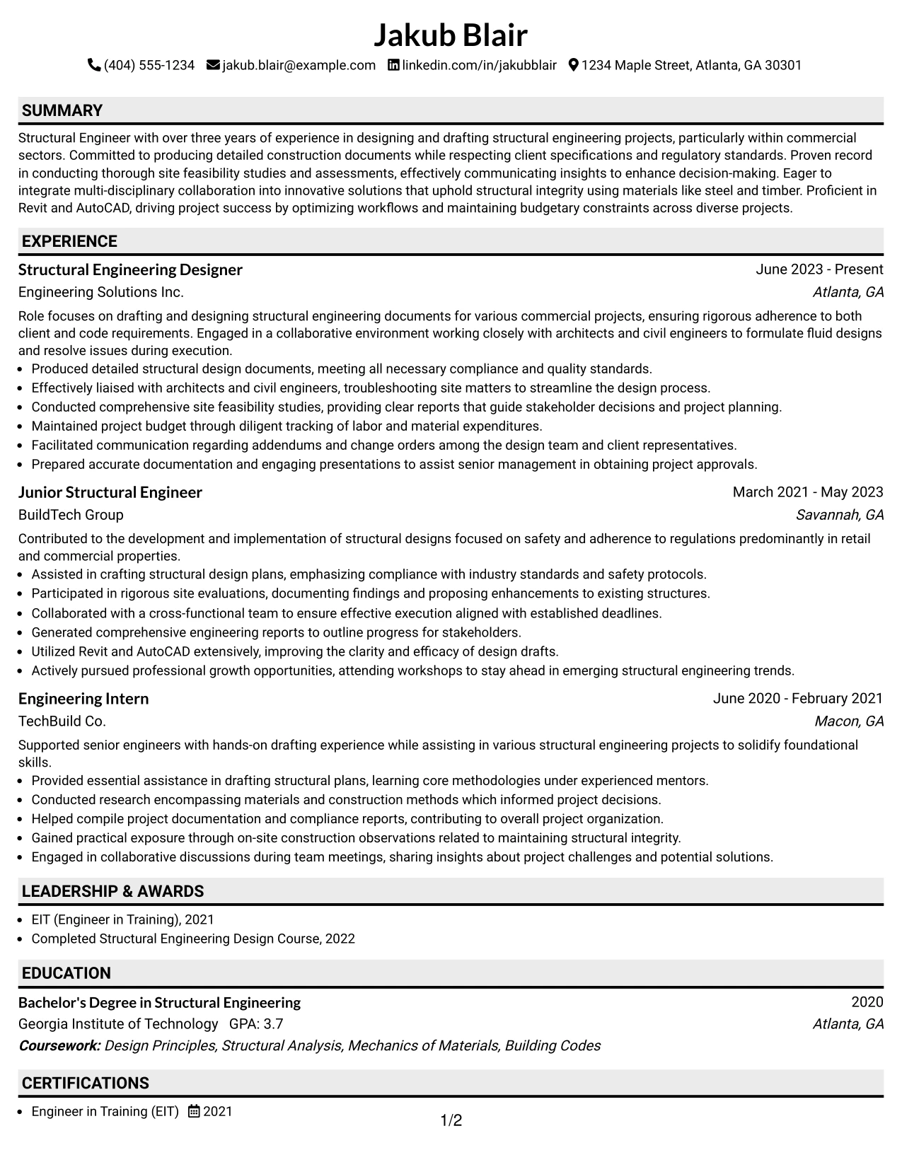 Resume Example Page 1