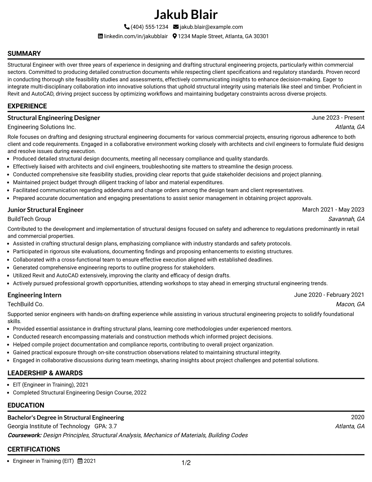 Resume Example Page 1