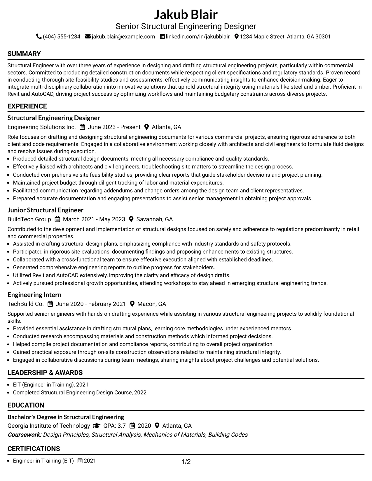 Resume Example Page 1