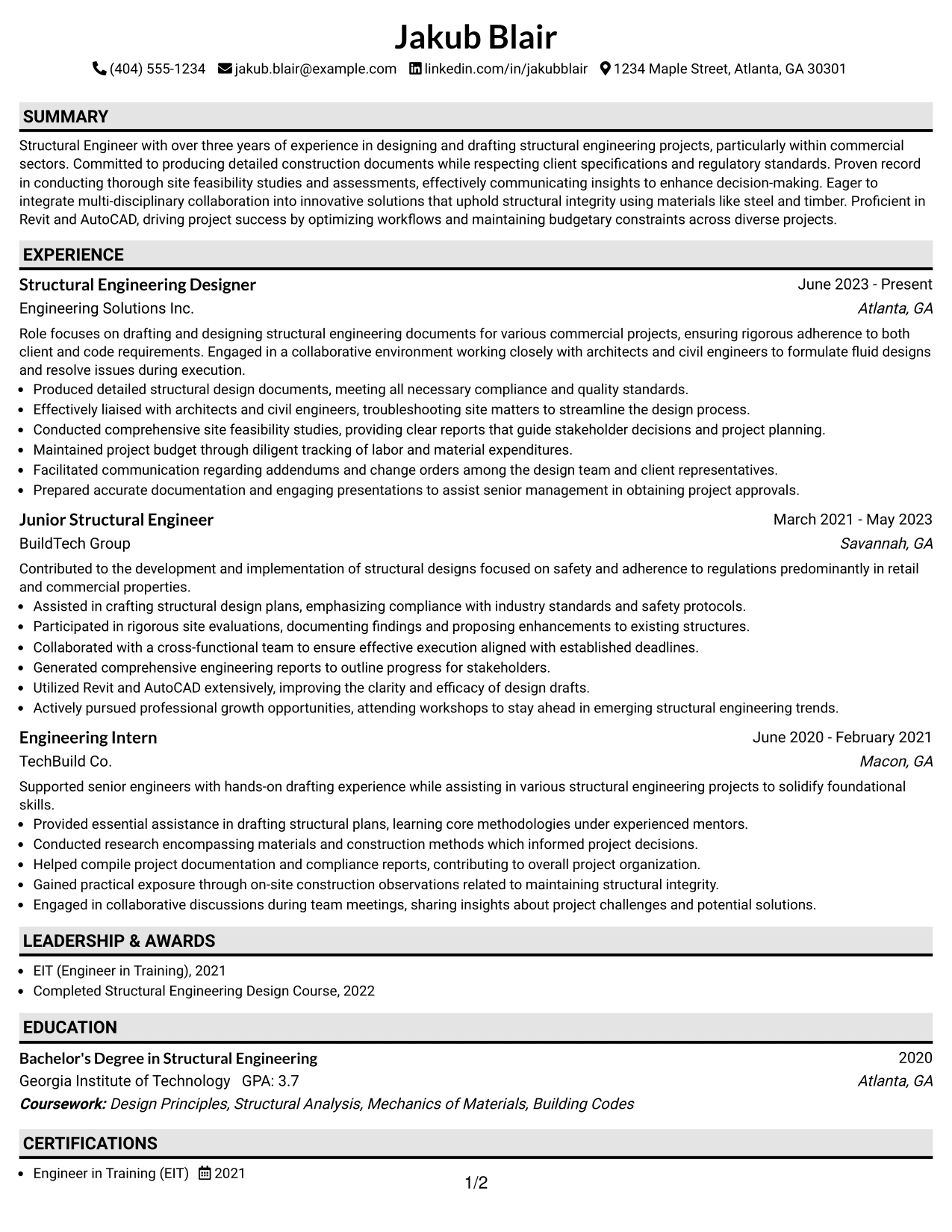 Resume Example Page 1