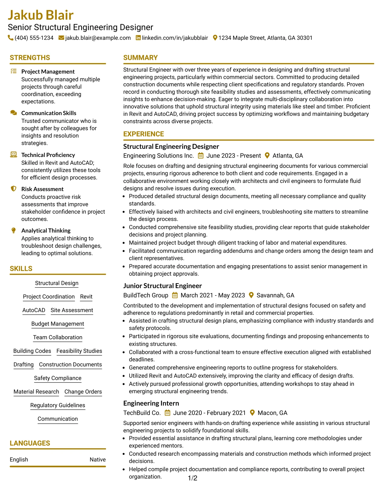 Resume Example Page 1