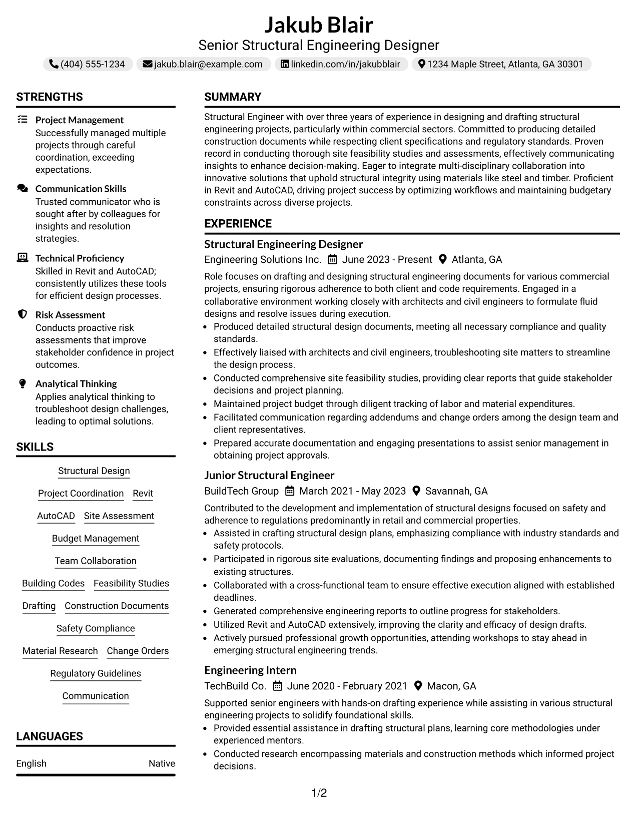 Resume Example Page 1