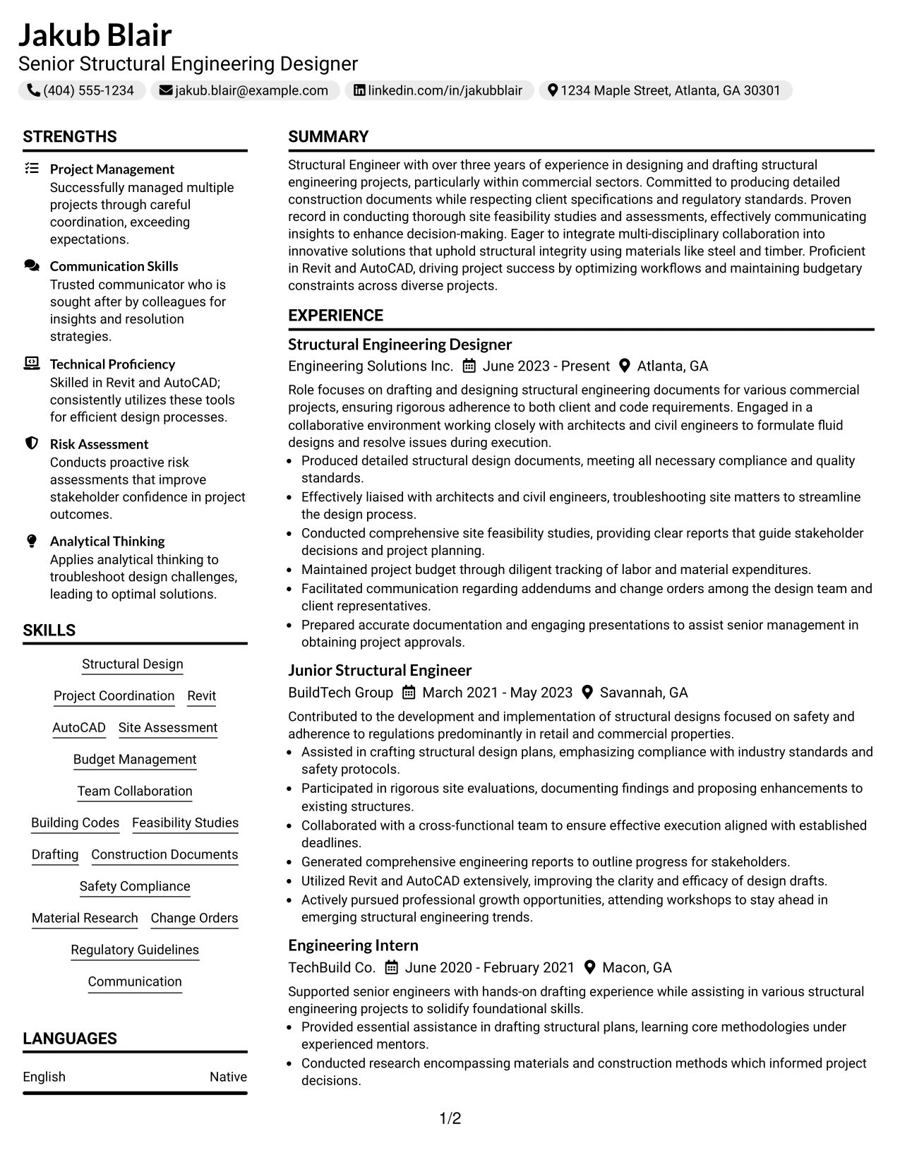 Resume Example Page 1