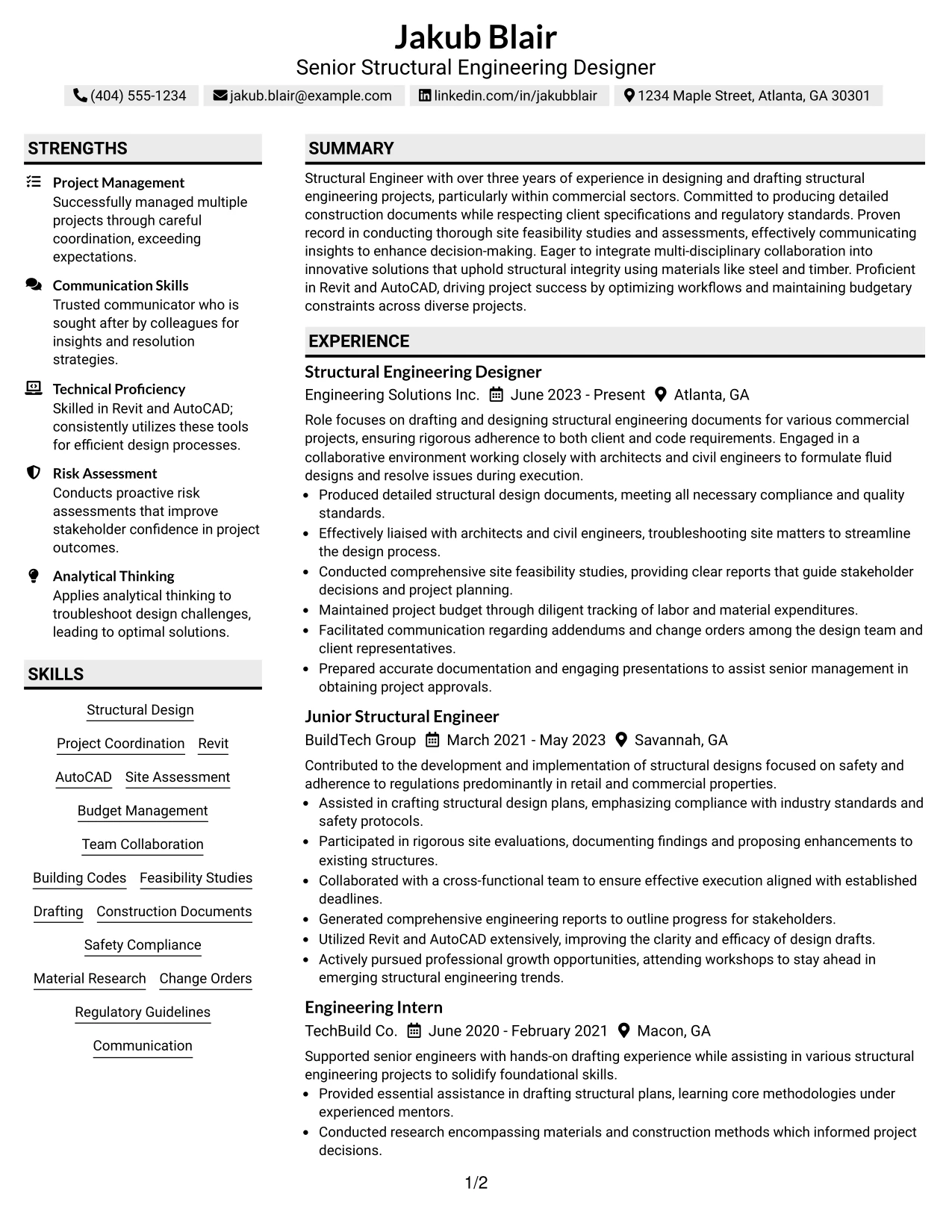 Resume Example Page 1