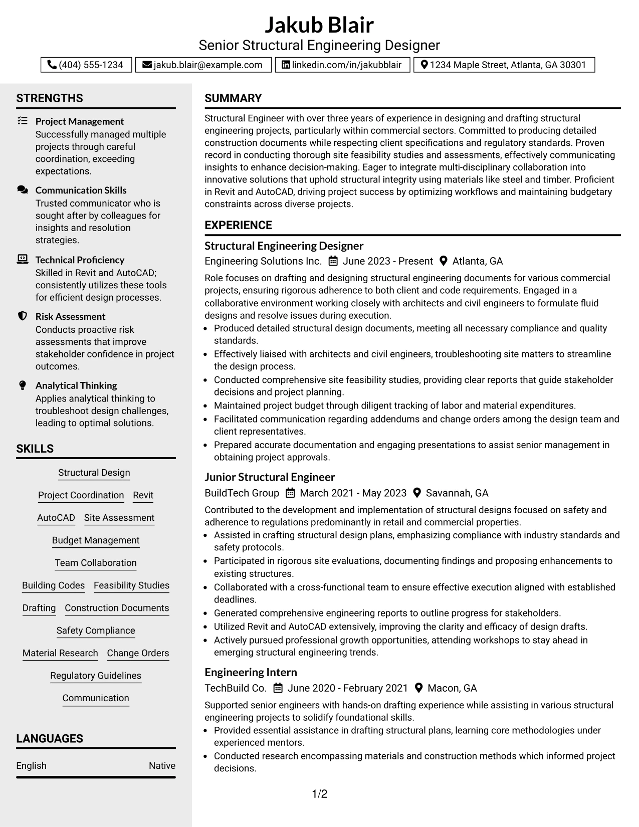 Resume Example Page 1