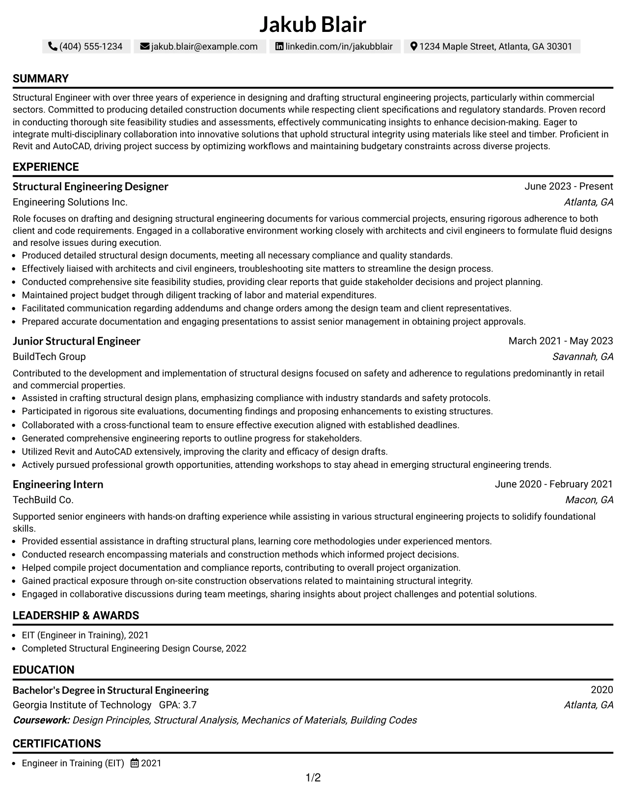Resume Example Page 1
