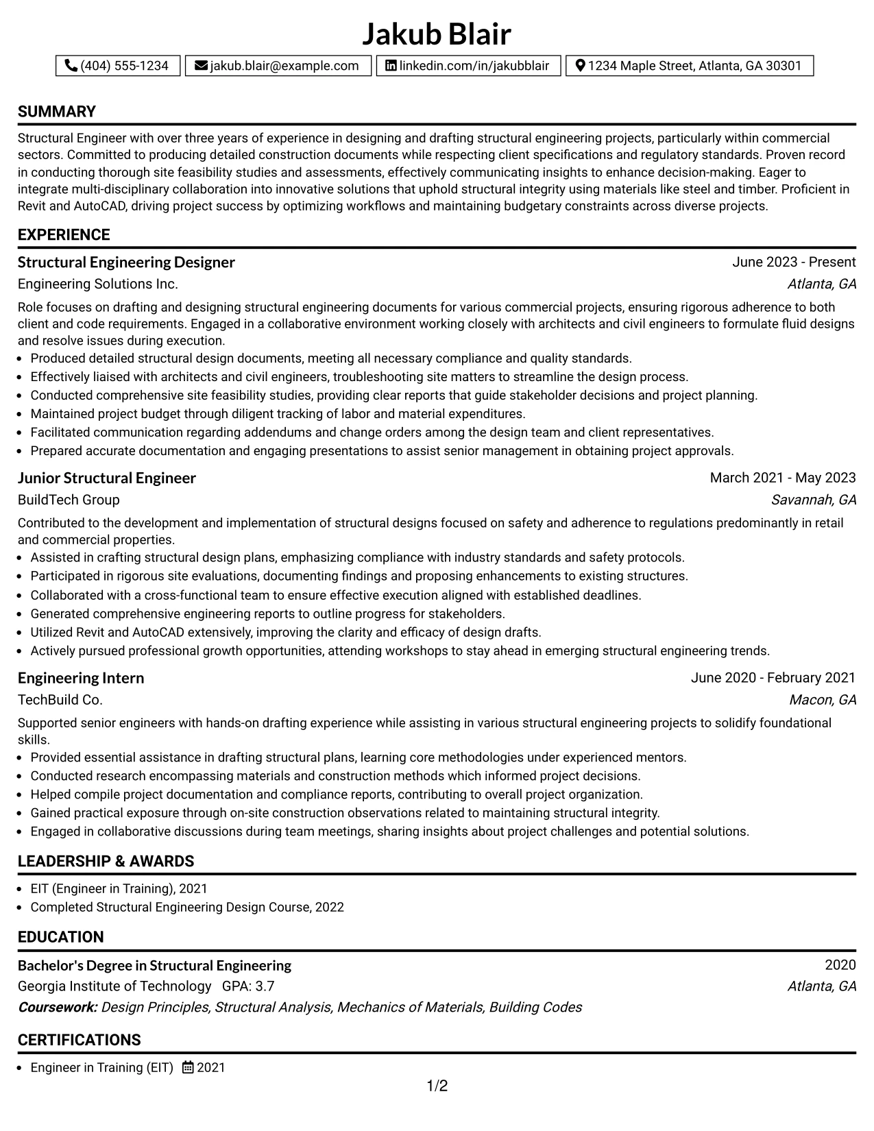 Resume Example Page 1