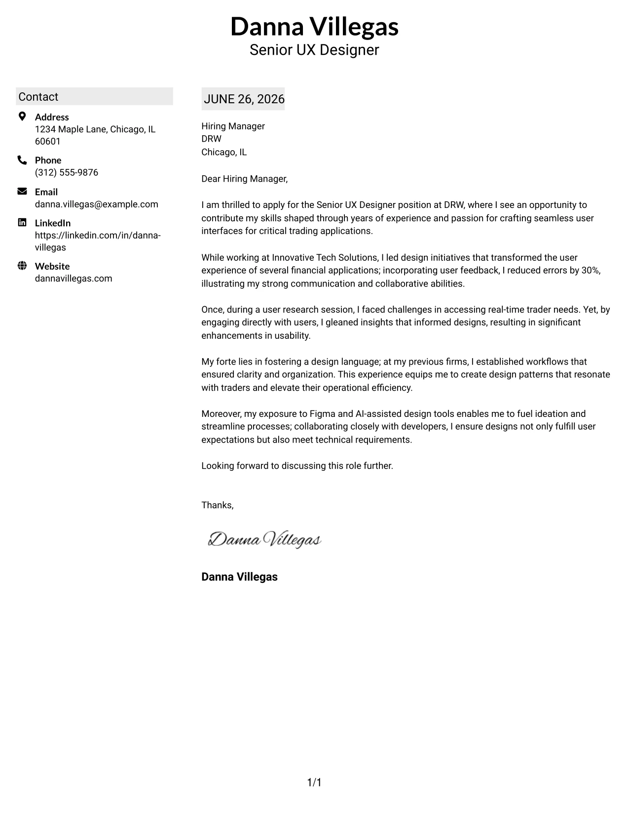 Resume Example Page 1