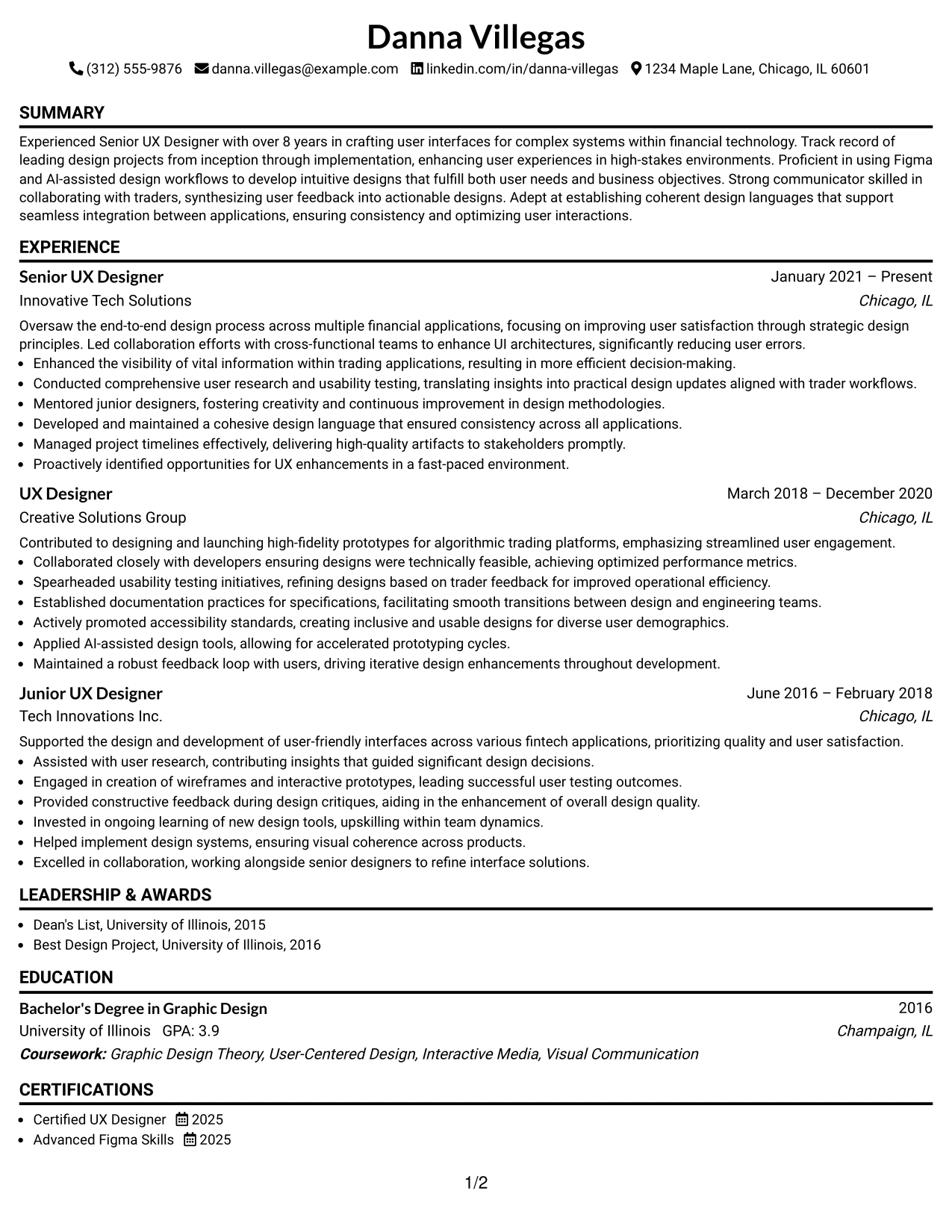 Resume Example Page 1