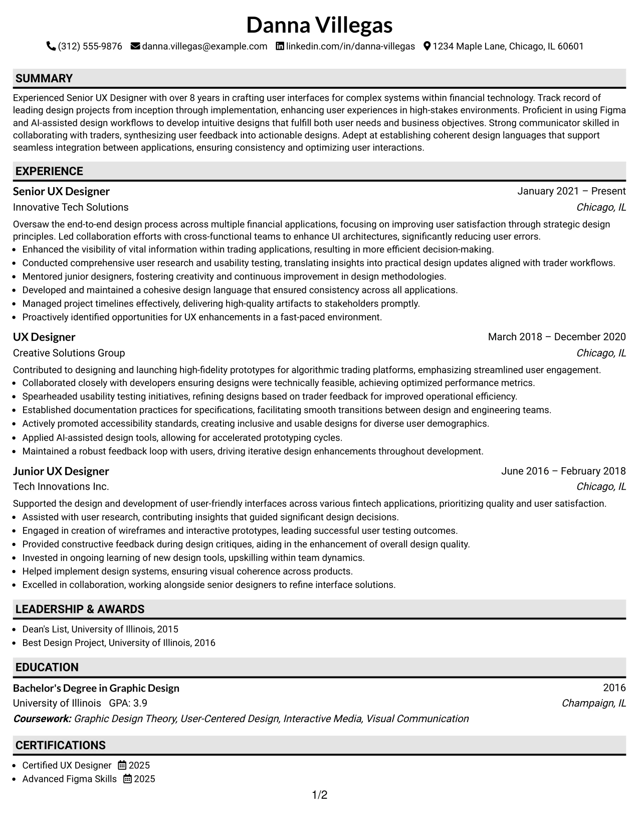 Resume Example Page 1