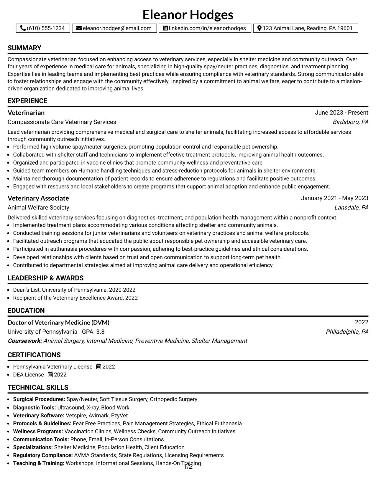 Resume Example Page 1
