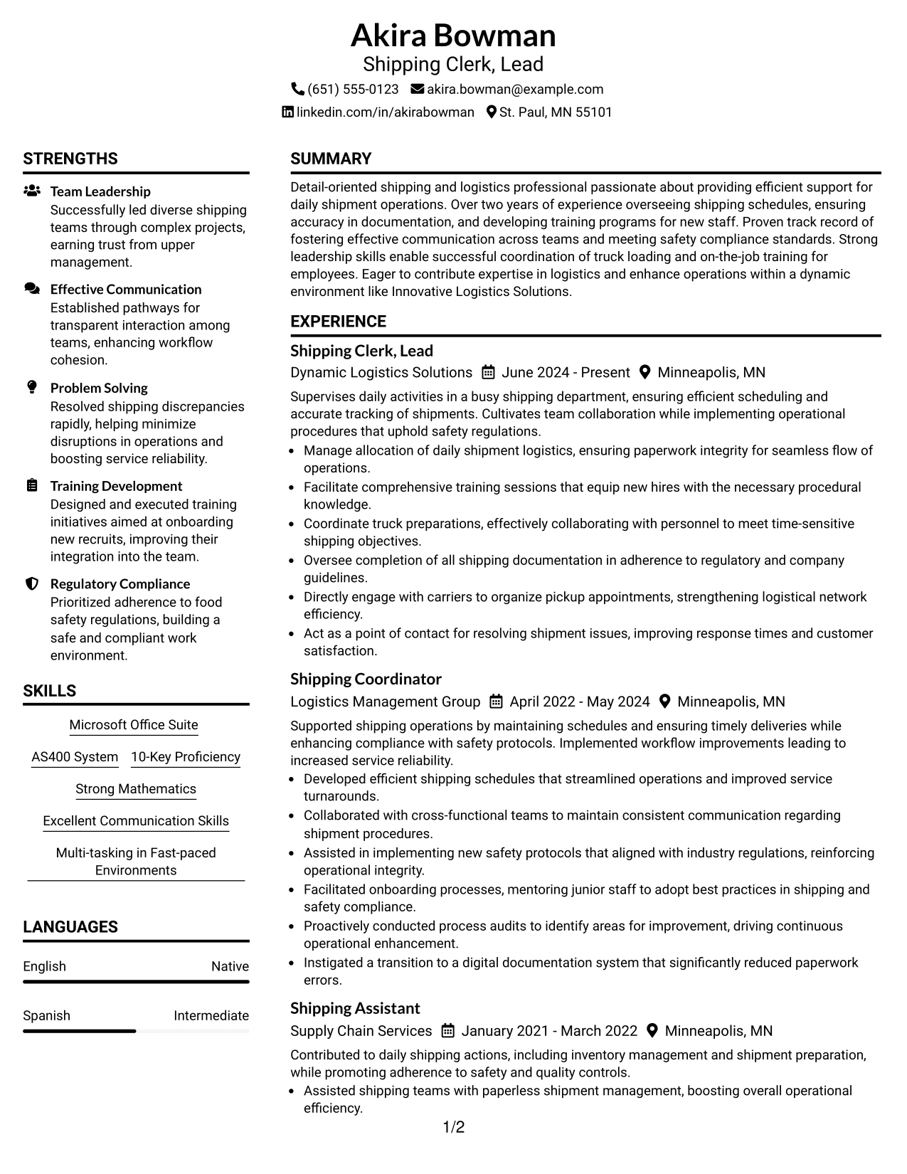 Resume Example Page 1