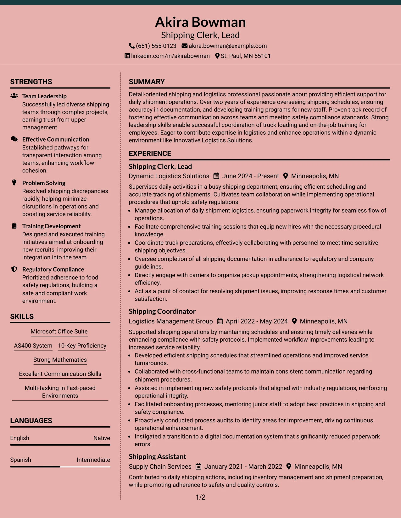 Resume Example Page 1