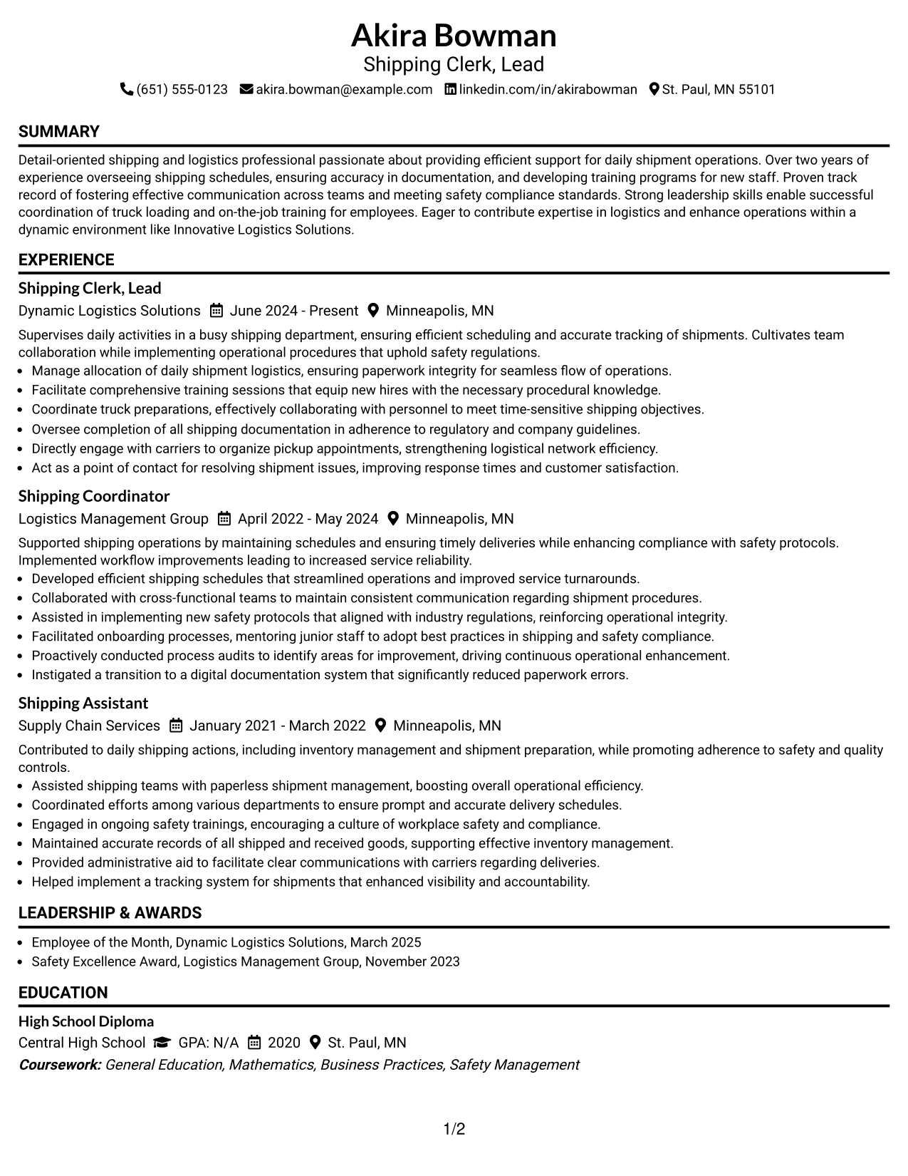 Resume Example Page 1