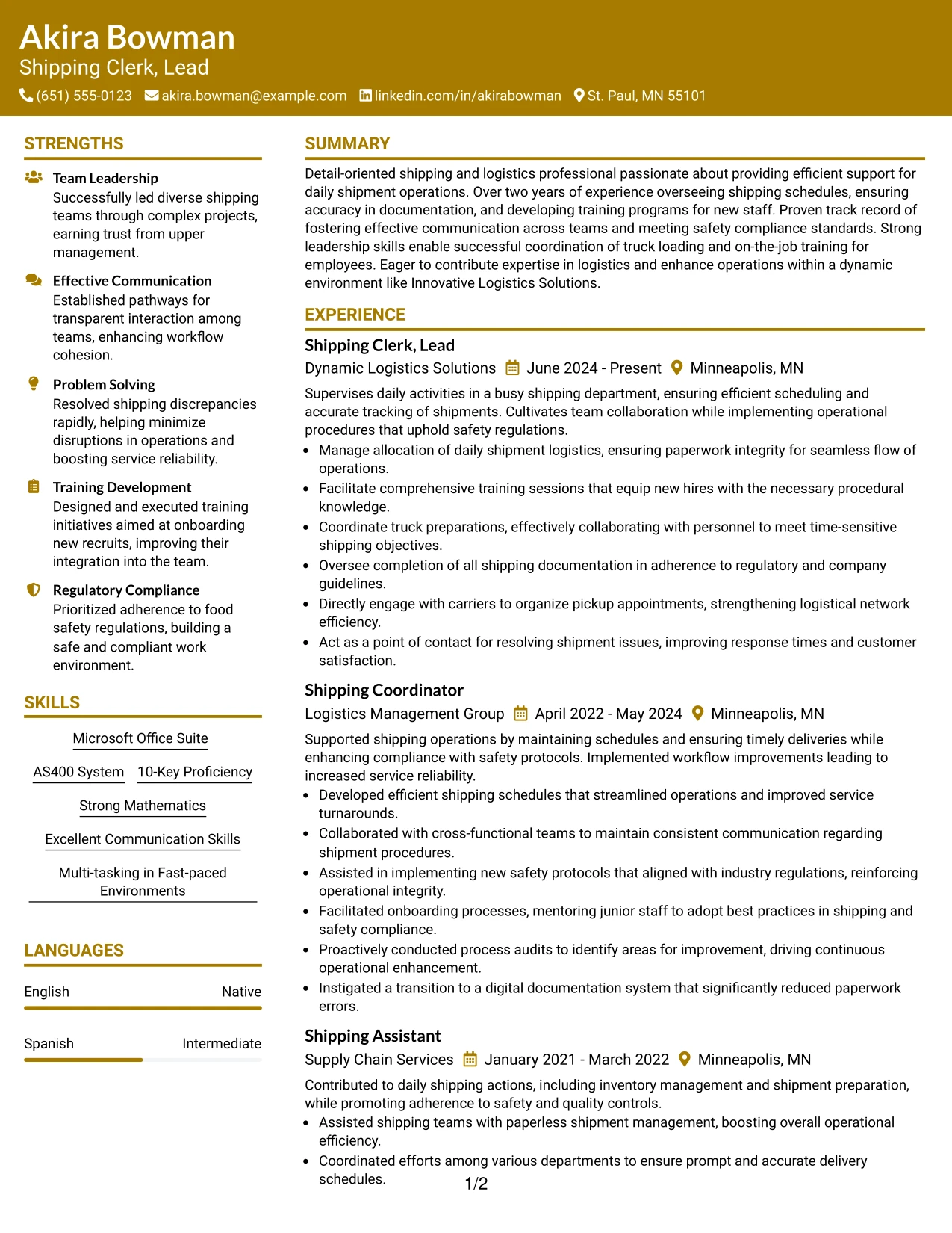 Resume Example Page 1
